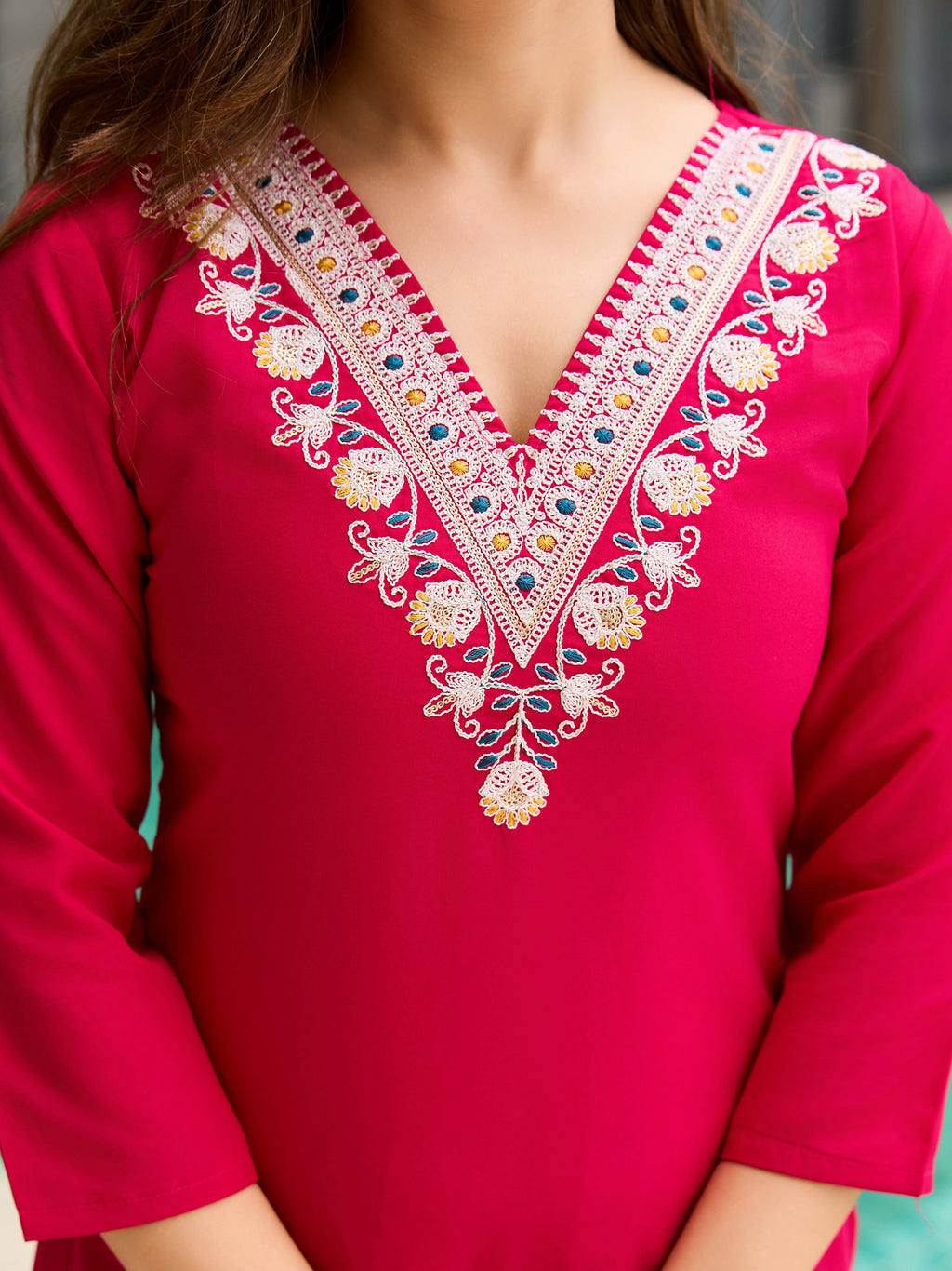 Women's Rayon Embroidered Straight Kurta with Pant And Dupatta Sets