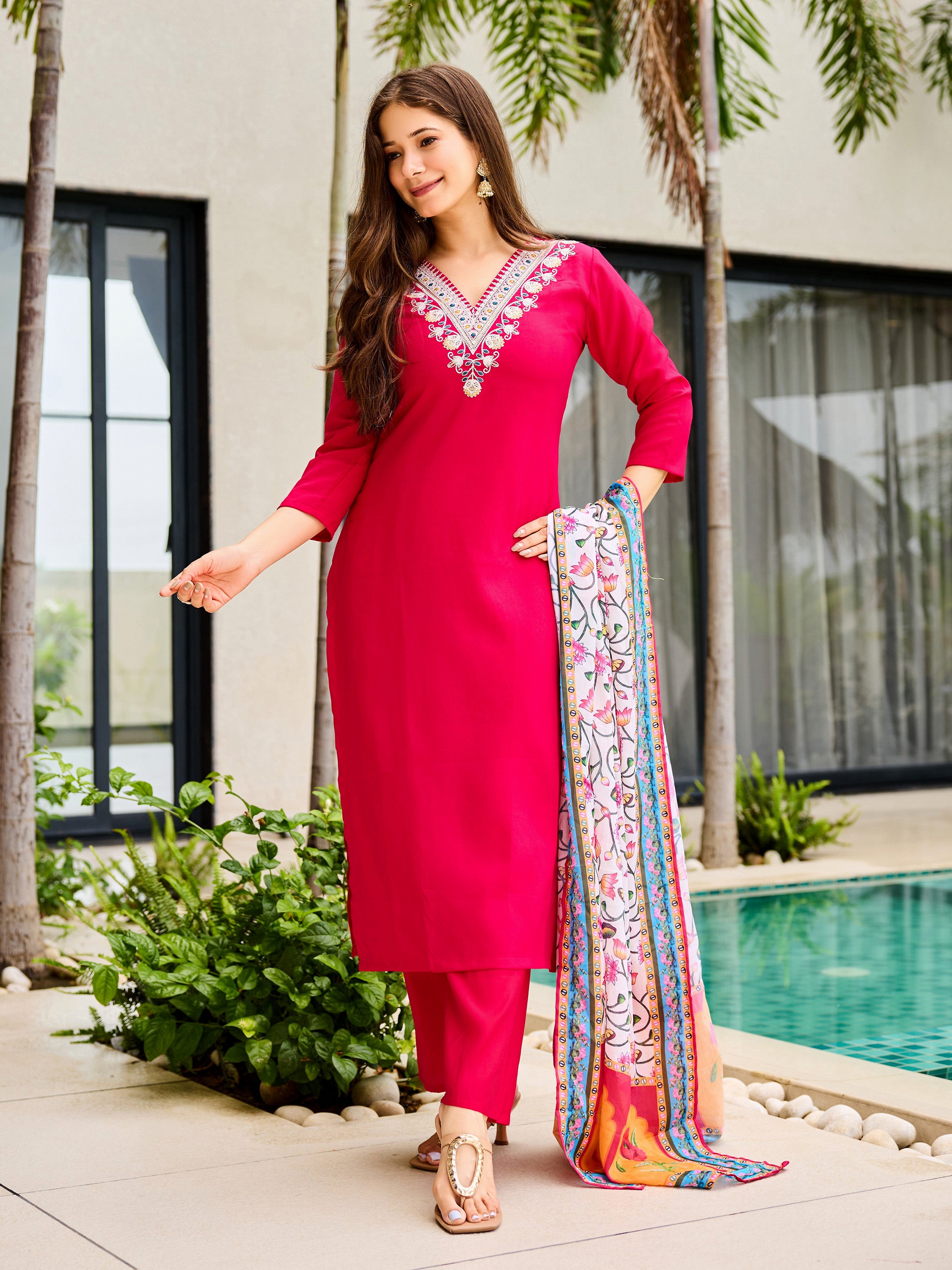Women's Rayon Embroidered Straight Kurta with Pant And Dupatta Sets
