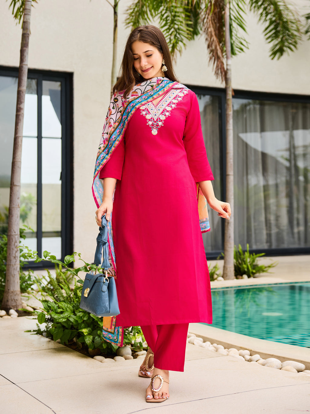 Women's Rayon Embroidered Straight Kurta with Pant And Dupatta Sets
