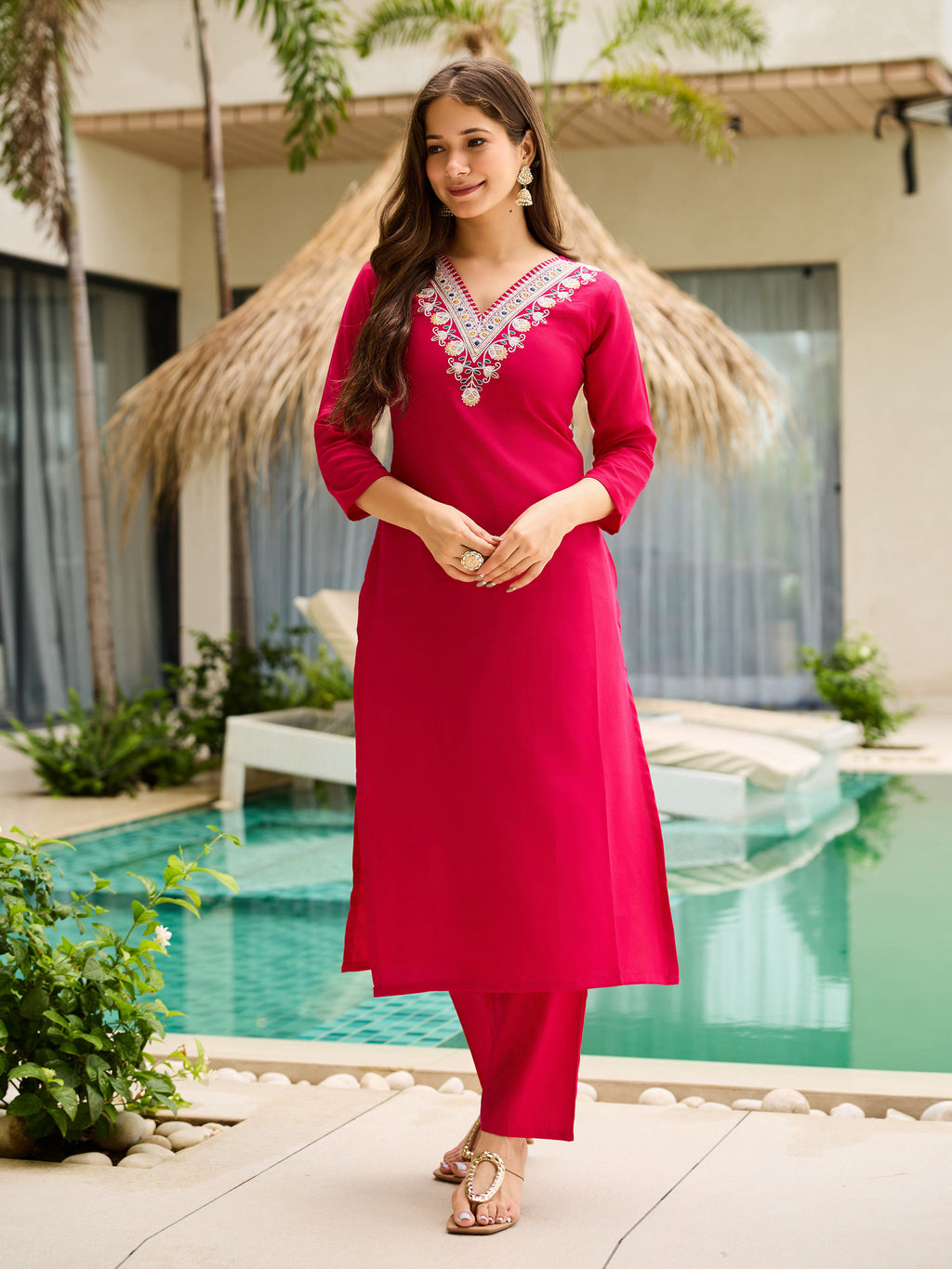 Women's Rayon Embroidered Straight Kurta with Pant And Dupatta Sets