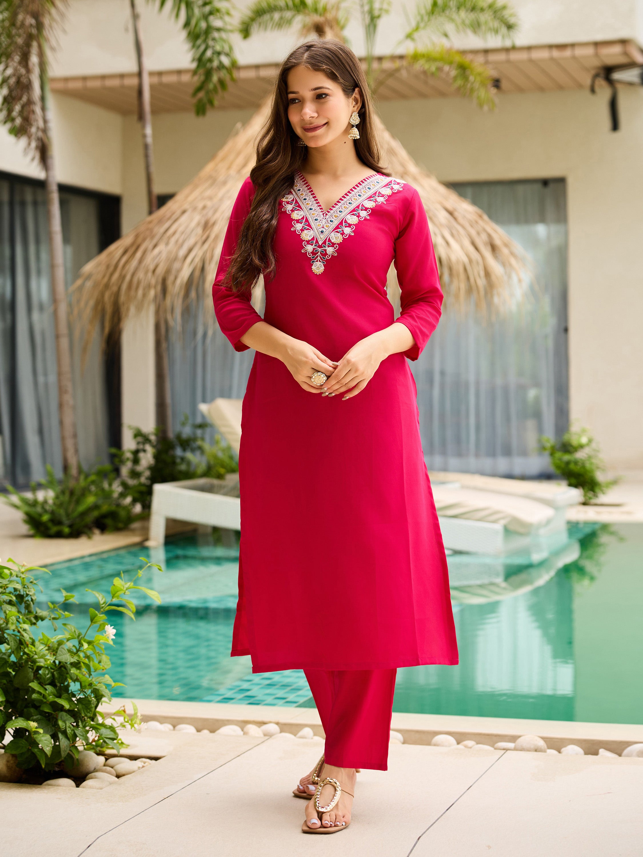 Women's Rayon Embroidered Straight Kurta with Pant And Dupatta Sets