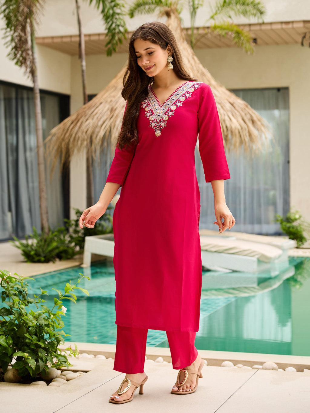 Women's Rayon Embroidered Straight Kurta with Pant And Dupatta Sets