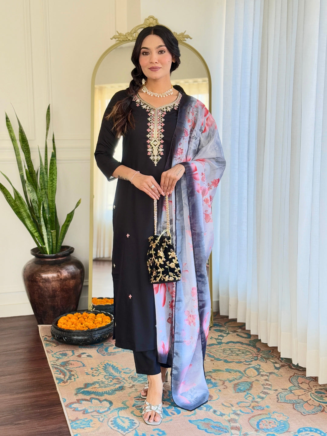 Women's Black Rayon Embroidered Straight Kurta with Rayon Pant And Taby Printed Dupatta Sets