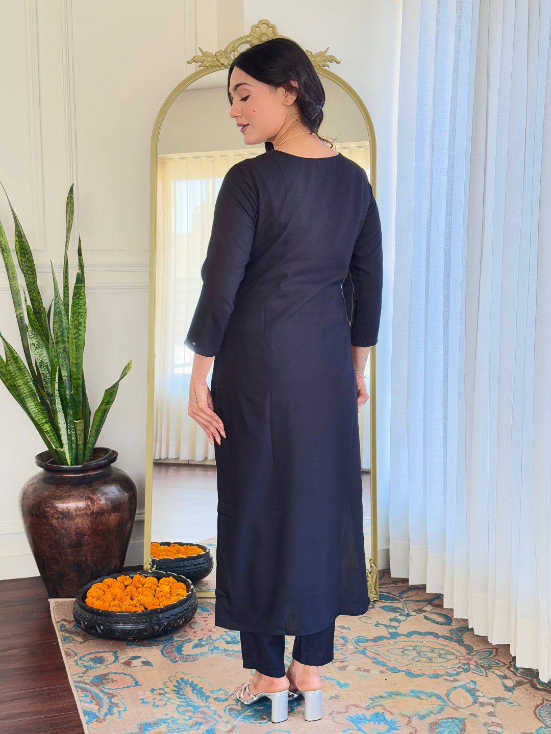 Women's Black Rayon Embroidered Straight Kurta with Rayon Pant And Taby Printed Dupatta Sets