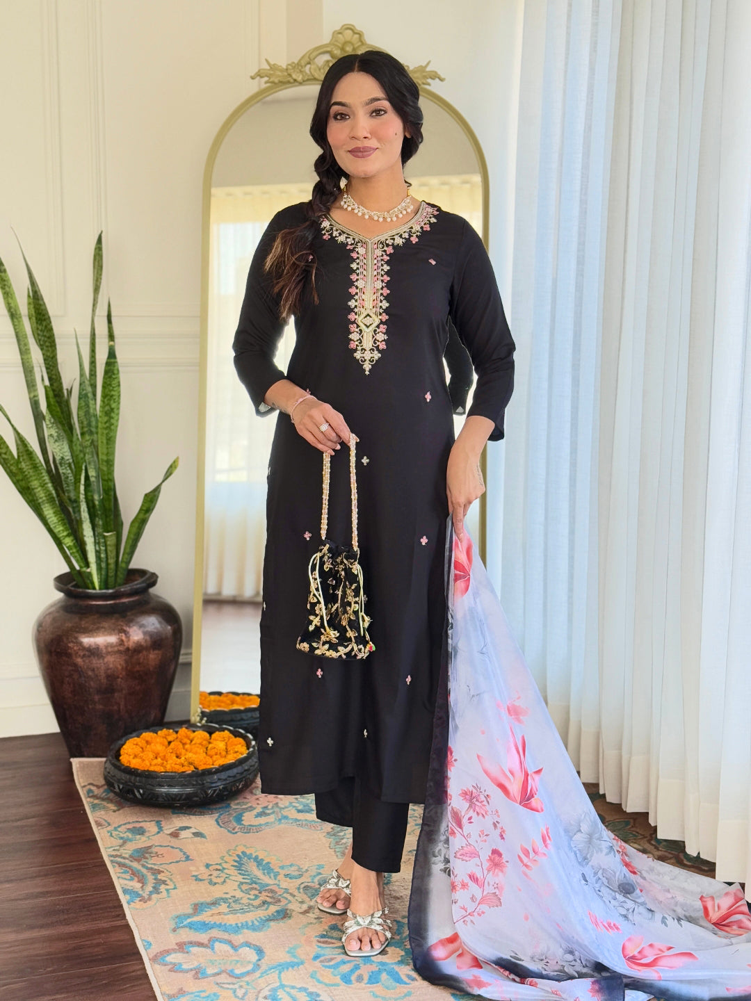 Women's Black Rayon Embroidered Straight Kurta with Rayon Pant And Taby Printed Dupatta Sets