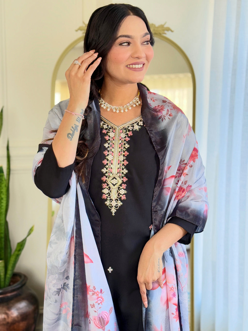 Women's Black Rayon Embroidered Straight Kurta with Rayon Pant And Taby Printed Dupatta Sets