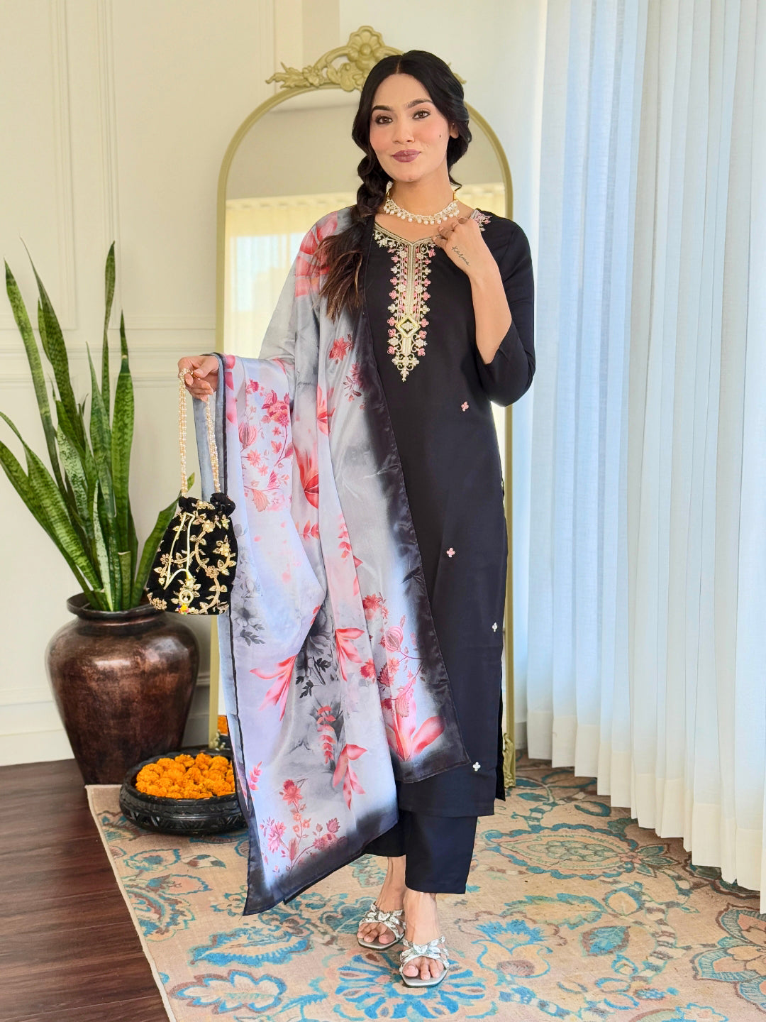 Women's Black Rayon Embroidered Straight Kurta with Rayon Pant And Taby Printed Dupatta Sets