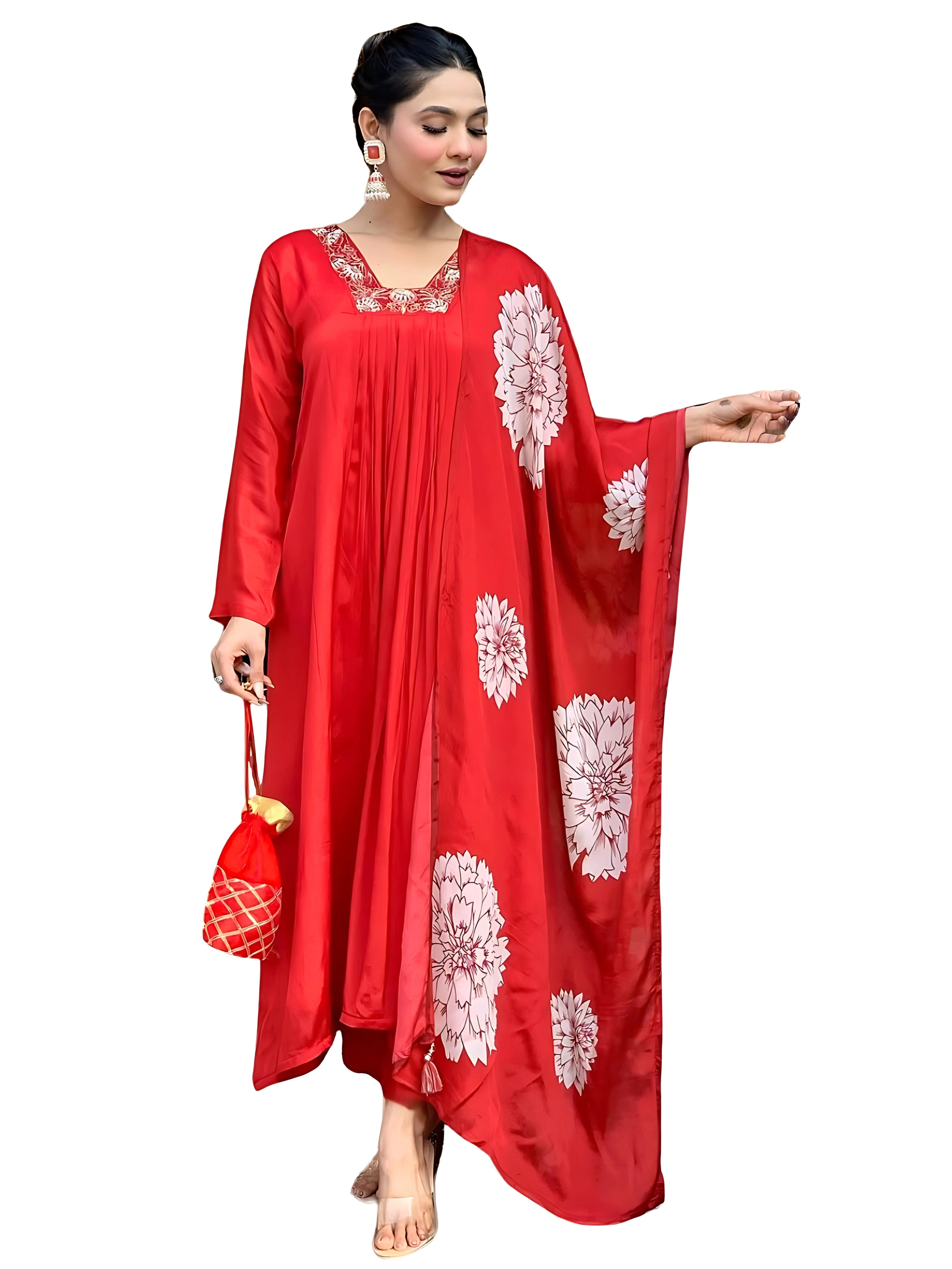 Women's Red Chinon with Cotton Lining Embroidered Flared Kurta with Rayon Pant And Chinon Printed Dupatta Sets