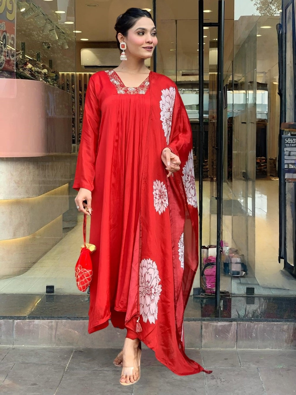 Women's Red Chinon with Cotton Lining Embroidered Flared Kurta with Rayon Pant And Chinon Printed Dupatta Sets