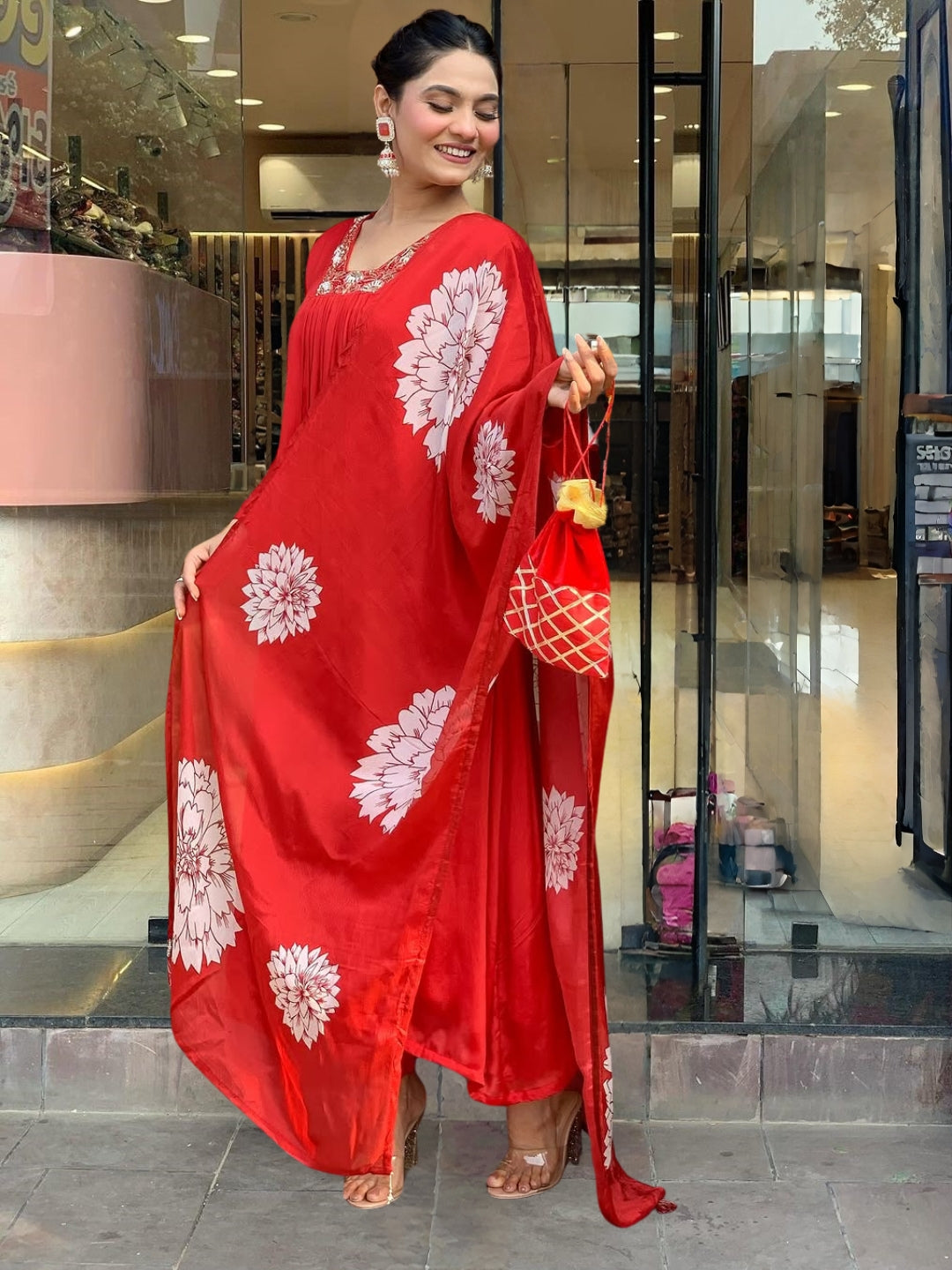 Women's Red Chinon with Cotton Lining Embroidered Flared Kurta with Rayon Pant And Chinon Printed Dupatta Sets