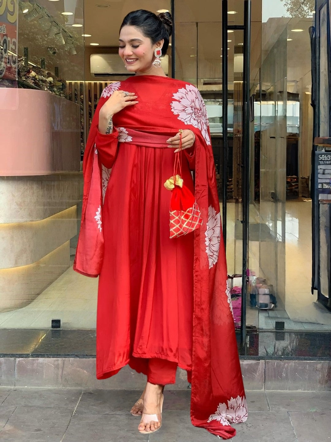 Women's Red Chinon with Cotton Lining Embroidered Flared Kurta with Rayon Pant And Chinon Printed Dupatta Sets