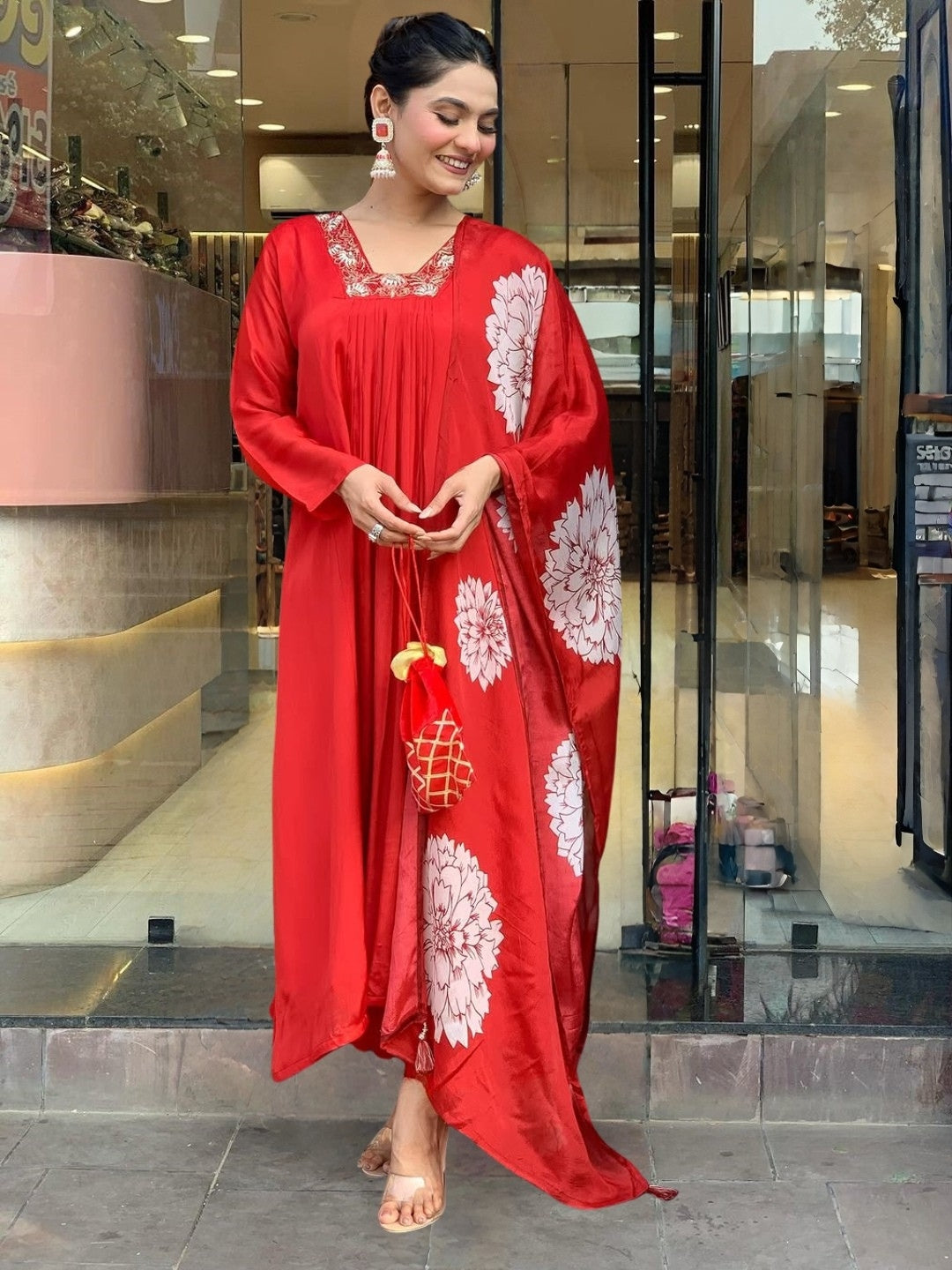 Women's Red Chinon with Cotton Lining Embroidered Flared Kurta with Rayon Pant And Chinon Printed Dupatta Sets