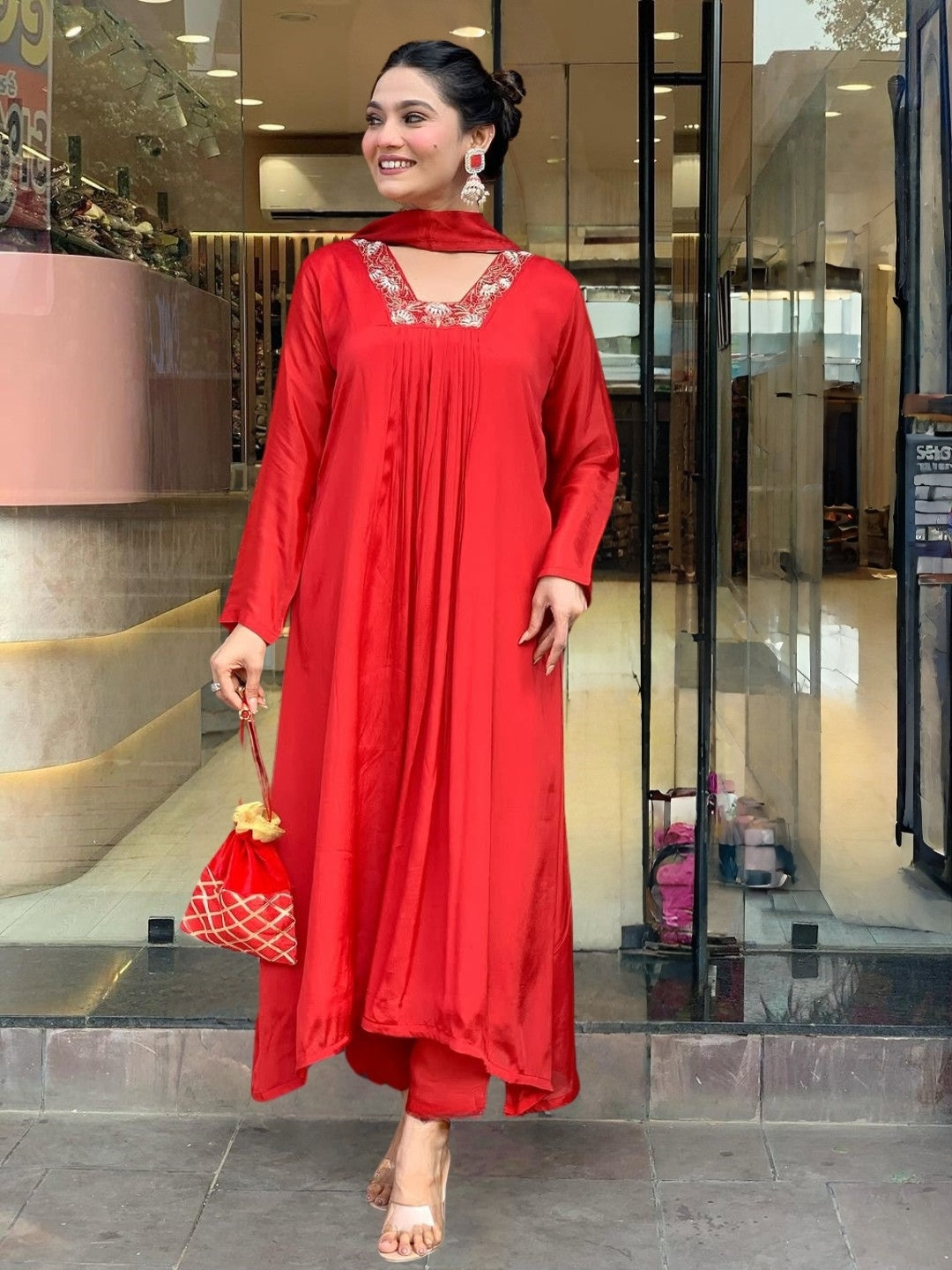 Women's Red Chinon with Cotton Lining Embroidered Flared Kurta with Rayon Pant And Chinon Printed Dupatta Sets