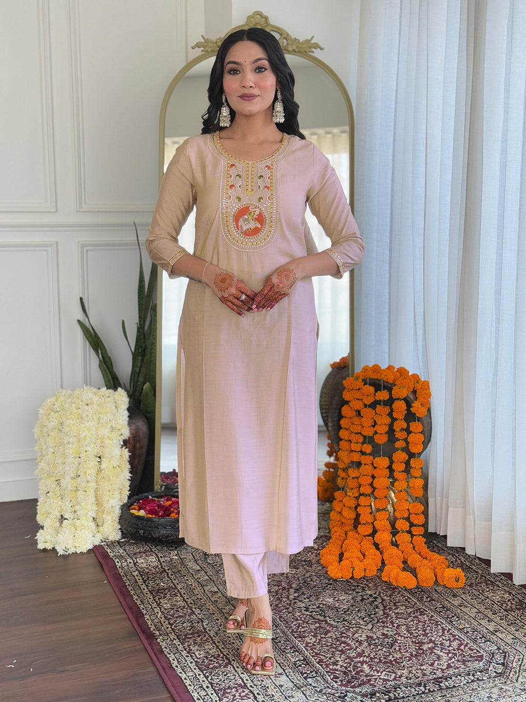 Women's Chiku BSY Viscose Embroidered Straight Kurta with BSY Viscose Pant And Silk Blend Embroidered Laced Dupatta Sets