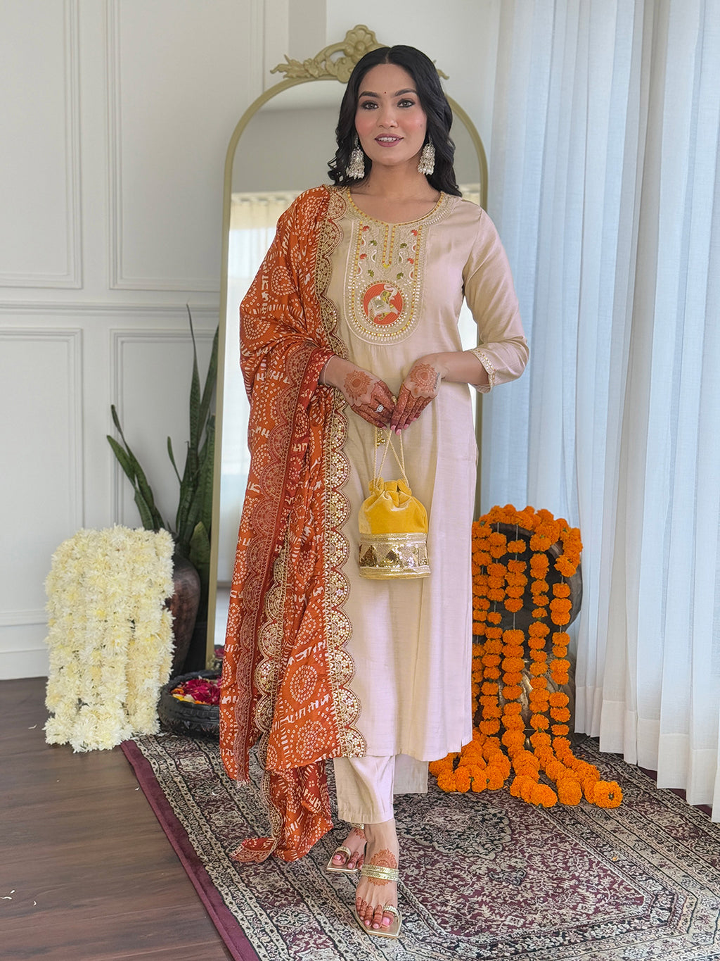 Women's Chiku BSY Viscose Embroidered Straight Kurta with BSY Viscose Pant And Silk Blend Embroidered Laced Dupatta Sets