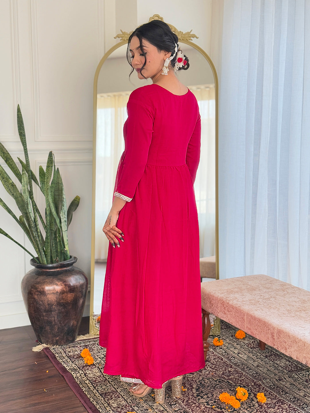 Women's Red Vichitra Silk Embroidered Flared Kurta with Rayon Pant And Chinon Embroidered Dupatta Sets