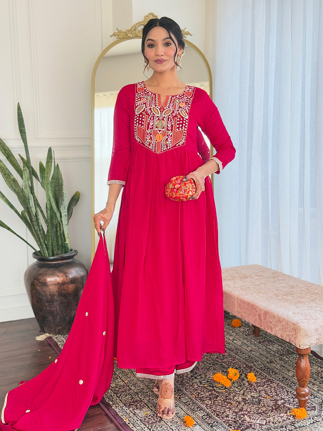 Women's Red Vichitra Silk Embroidered Flared Kurta with Rayon Pant And Chinon Embroidered Dupatta Sets