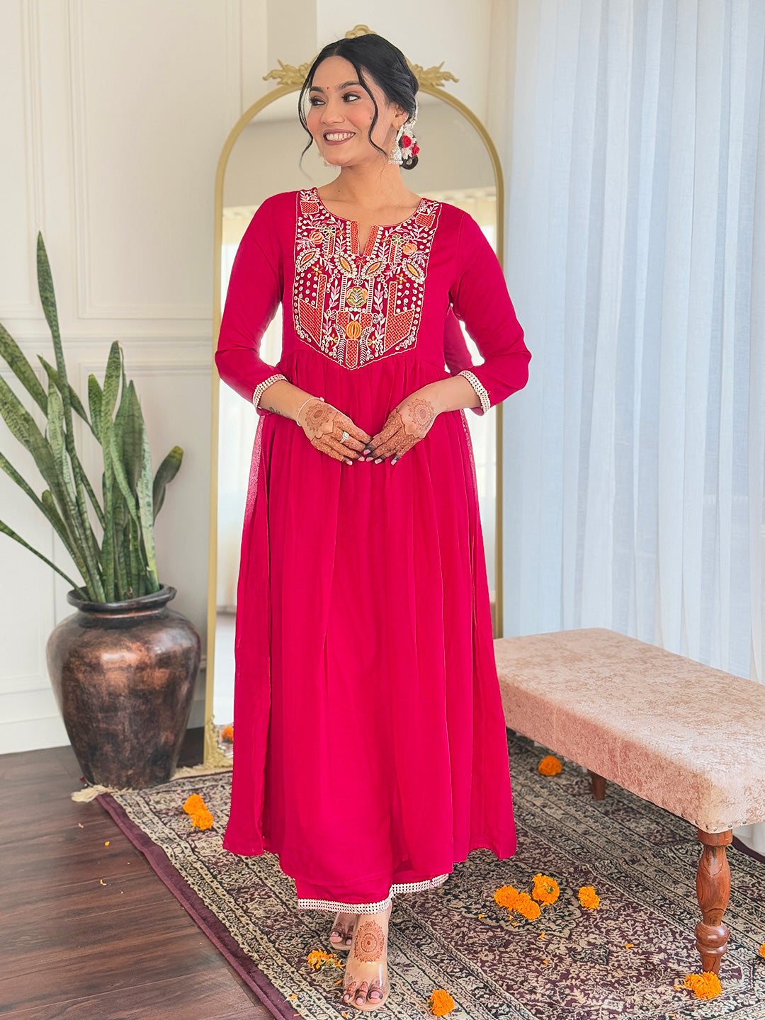 Women's Red Vichitra Silk Embroidered Flared Kurta with Rayon Pant And Chinon Embroidered Dupatta Sets