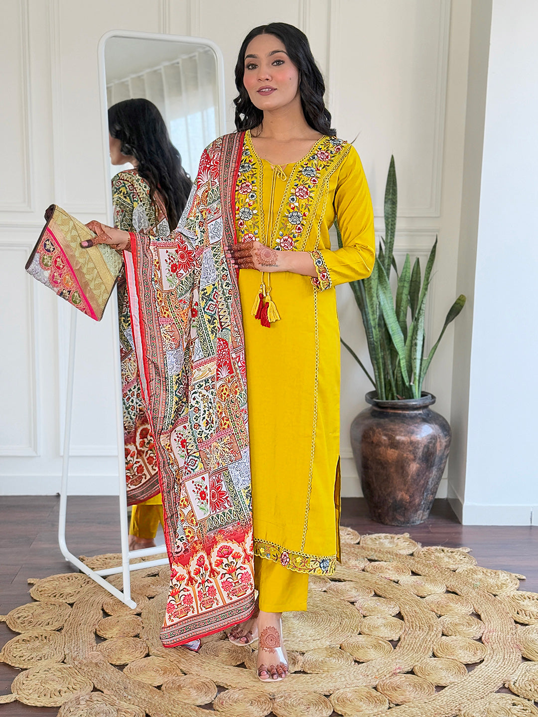 Women's Mustard BSY Viscose Embroidered Straight Kurta with BSY Viscose Pant And Art Silk Printed Dupatta Sets