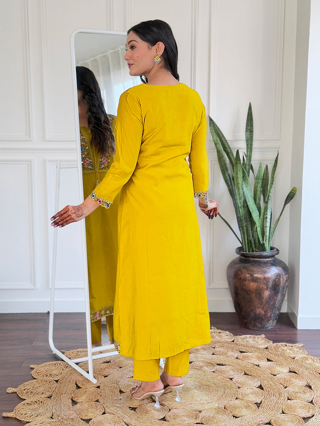 Women's Mustard BSY Viscose Embroidered Straight Kurta with BSY Viscose Pant And Art Silk Printed Dupatta Sets