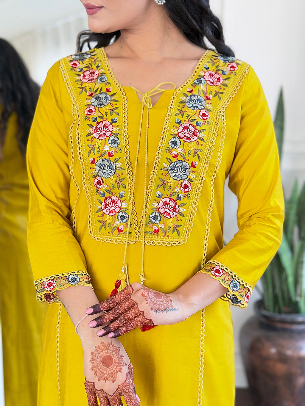 Women's Mustard BSY Viscose Embroidered Straight Kurta with BSY Viscose Pant And Art Silk Printed Dupatta Sets