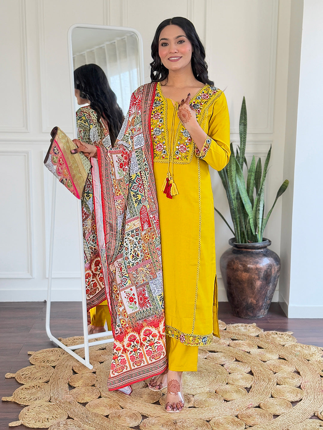 Women's Mustard BSY Viscose Embroidered Straight Kurta with BSY Viscose Pant And Art Silk Printed Dupatta Sets