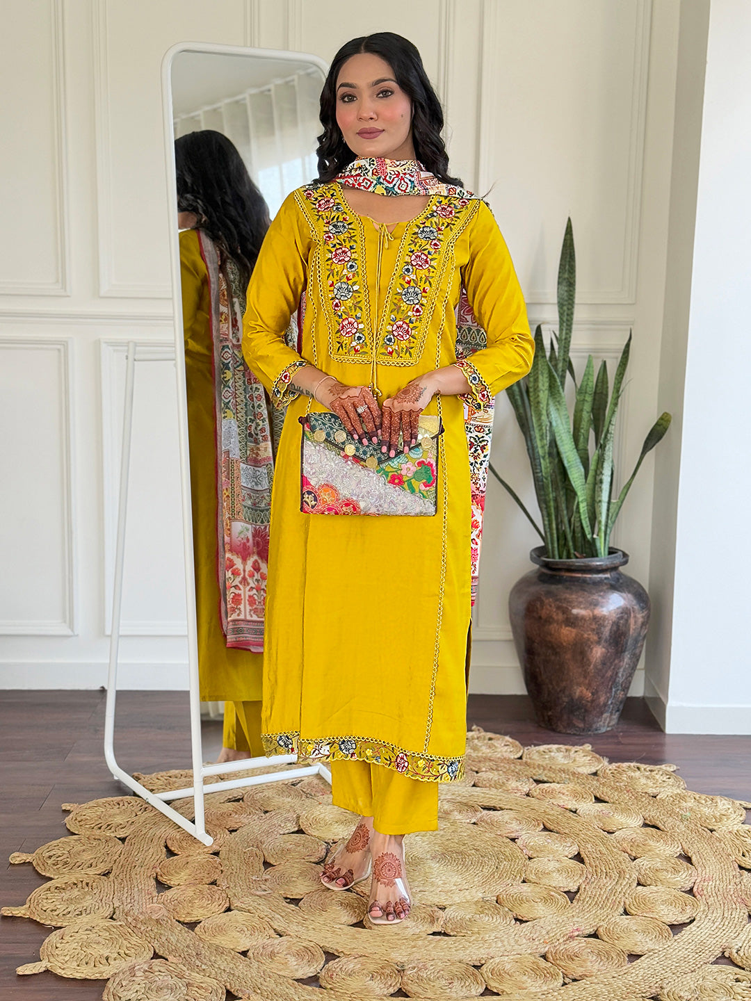 Women's Mustard BSY Viscose Embroidered Straight Kurta with BSY Viscose Pant And Art Silk Printed Dupatta Sets