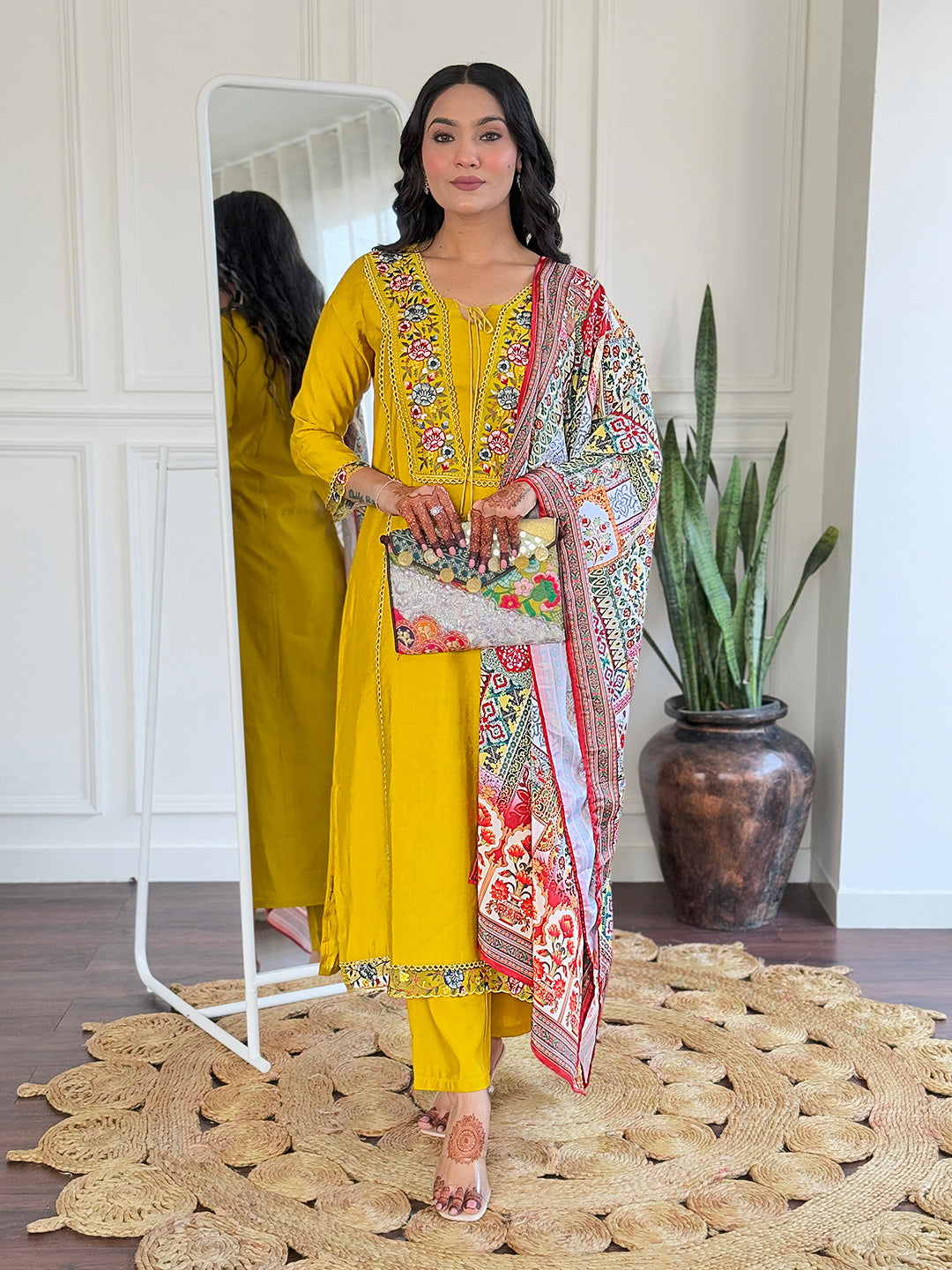 Women's Mustard BSY Viscose Embroidered Straight Kurta with BSY Viscose Pant And Art Silk Printed Dupatta Sets