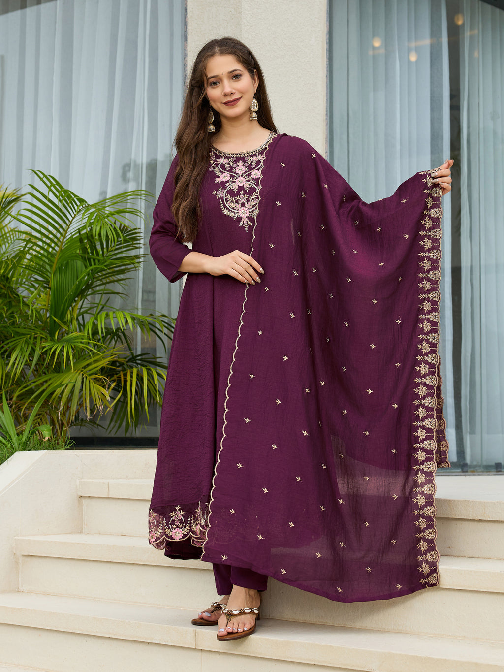 Women's Wine Vichitra Silk Embroidered A-Line Kurta with pant and dupatta sets