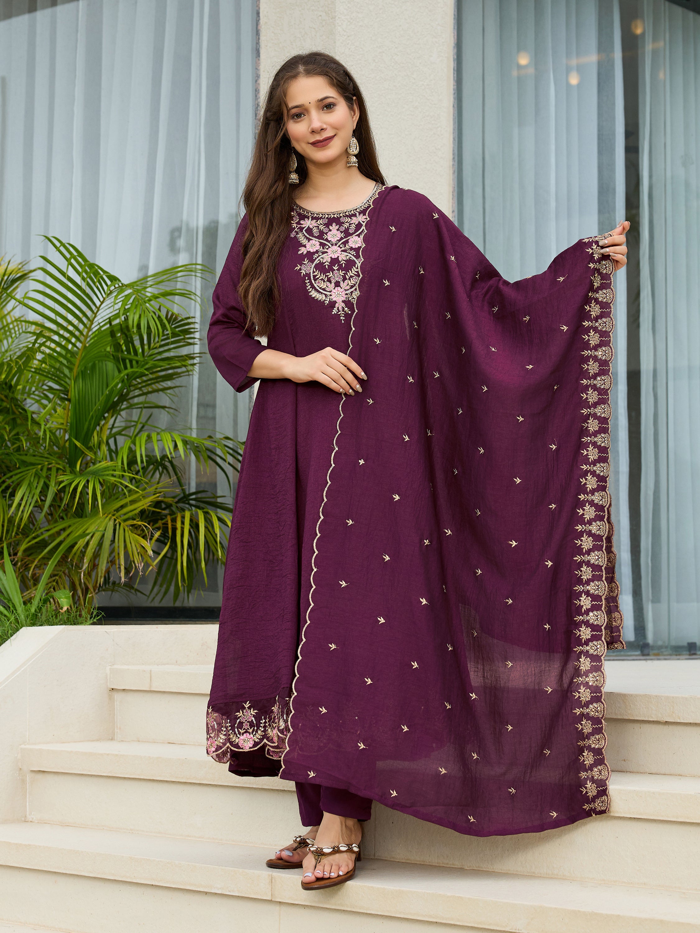 Women's Wine Vichitra Silk Embroidered A-Line Kurta with pant and dupatta sets