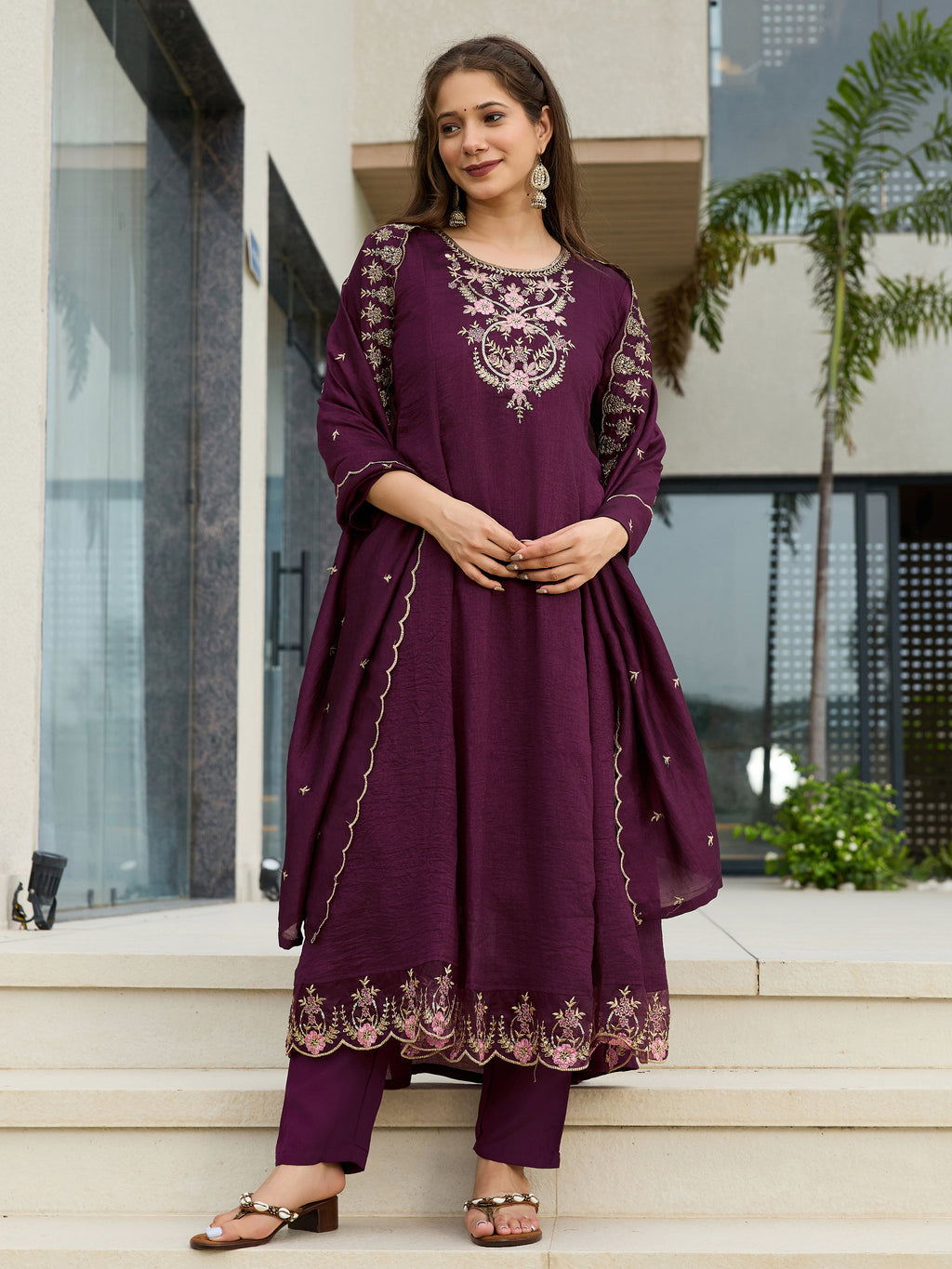 Women's Wine Vichitra Silk Embroidered A-Line Kurta with pant and dupatta sets