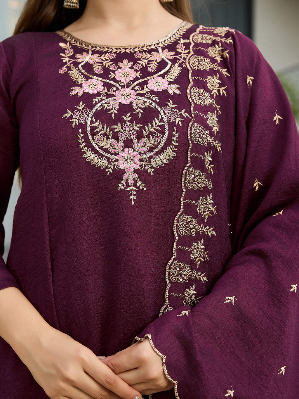 Women's Wine Vichitra Silk Embroidered A-Line Kurta with pant and dupatta sets