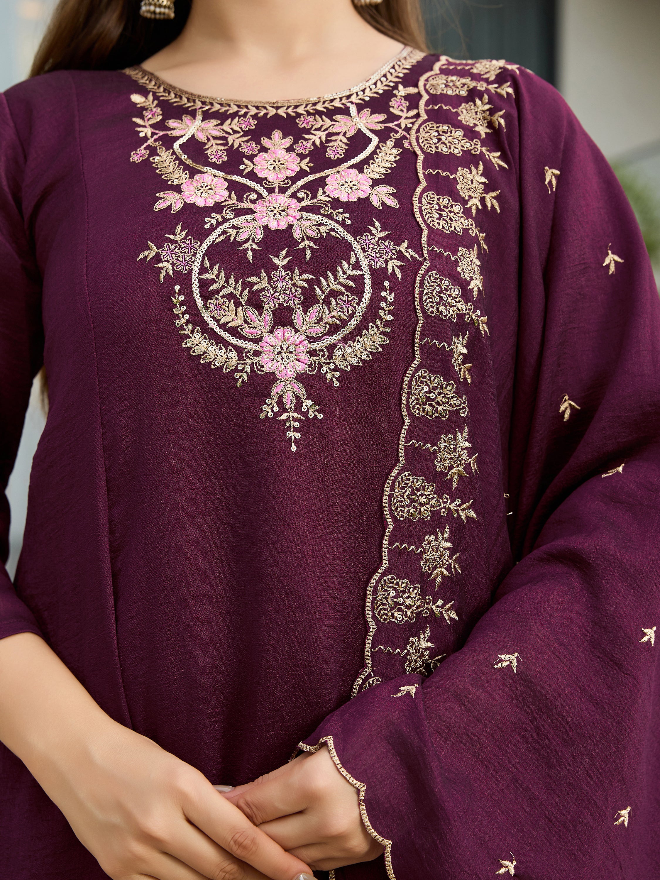 Women's Wine Vichitra Silk Embroidered A-Line Kurta with pant and dupatta sets