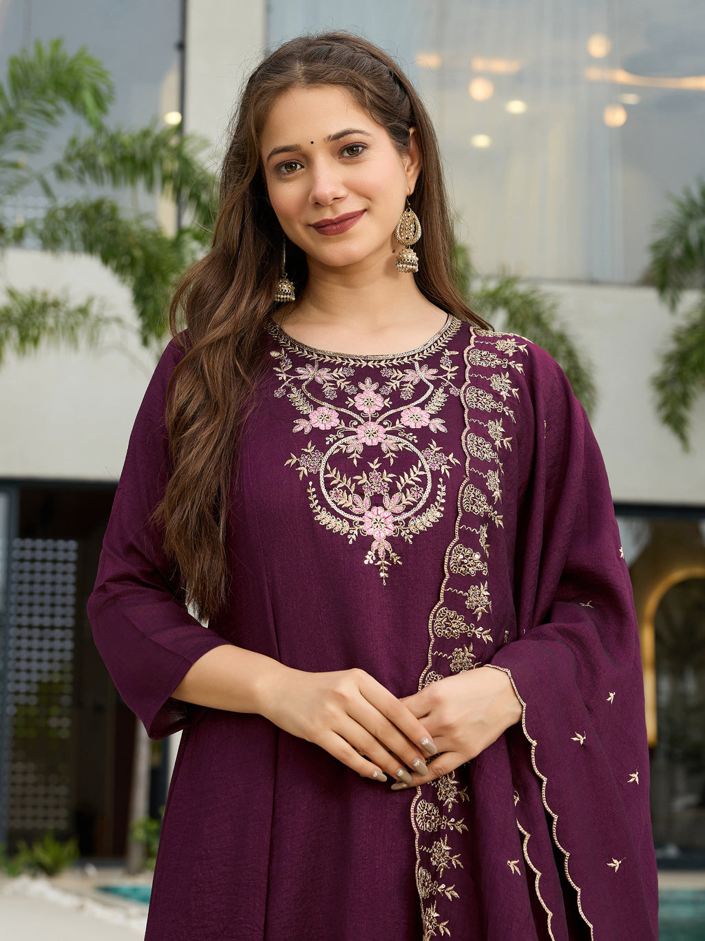 Women's Wine Vichitra Silk Embroidered A-Line Kurta with pant and dupatta sets