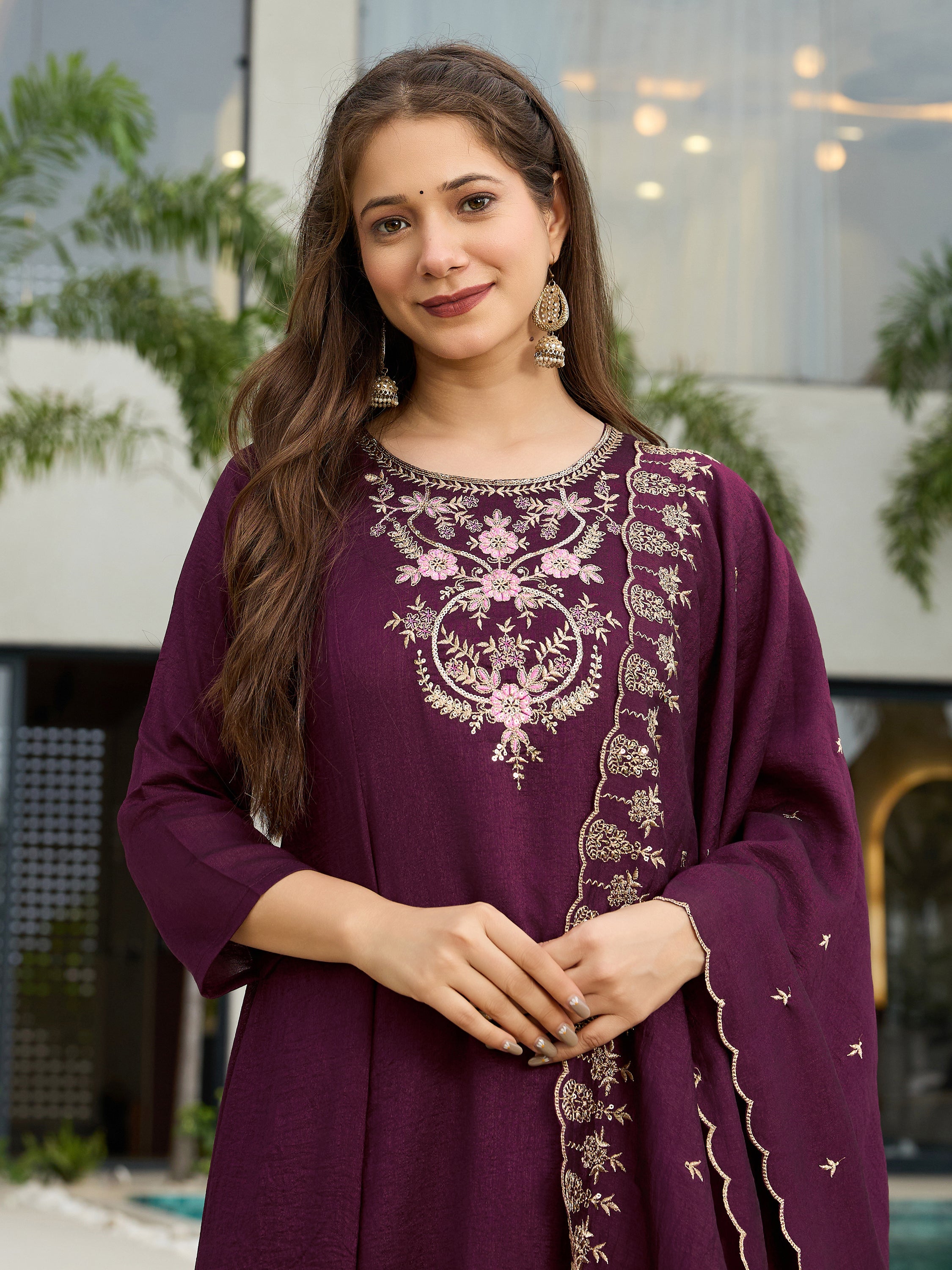Women's Wine Vichitra Silk Embroidered A-Line Kurta with pant and dupatta sets