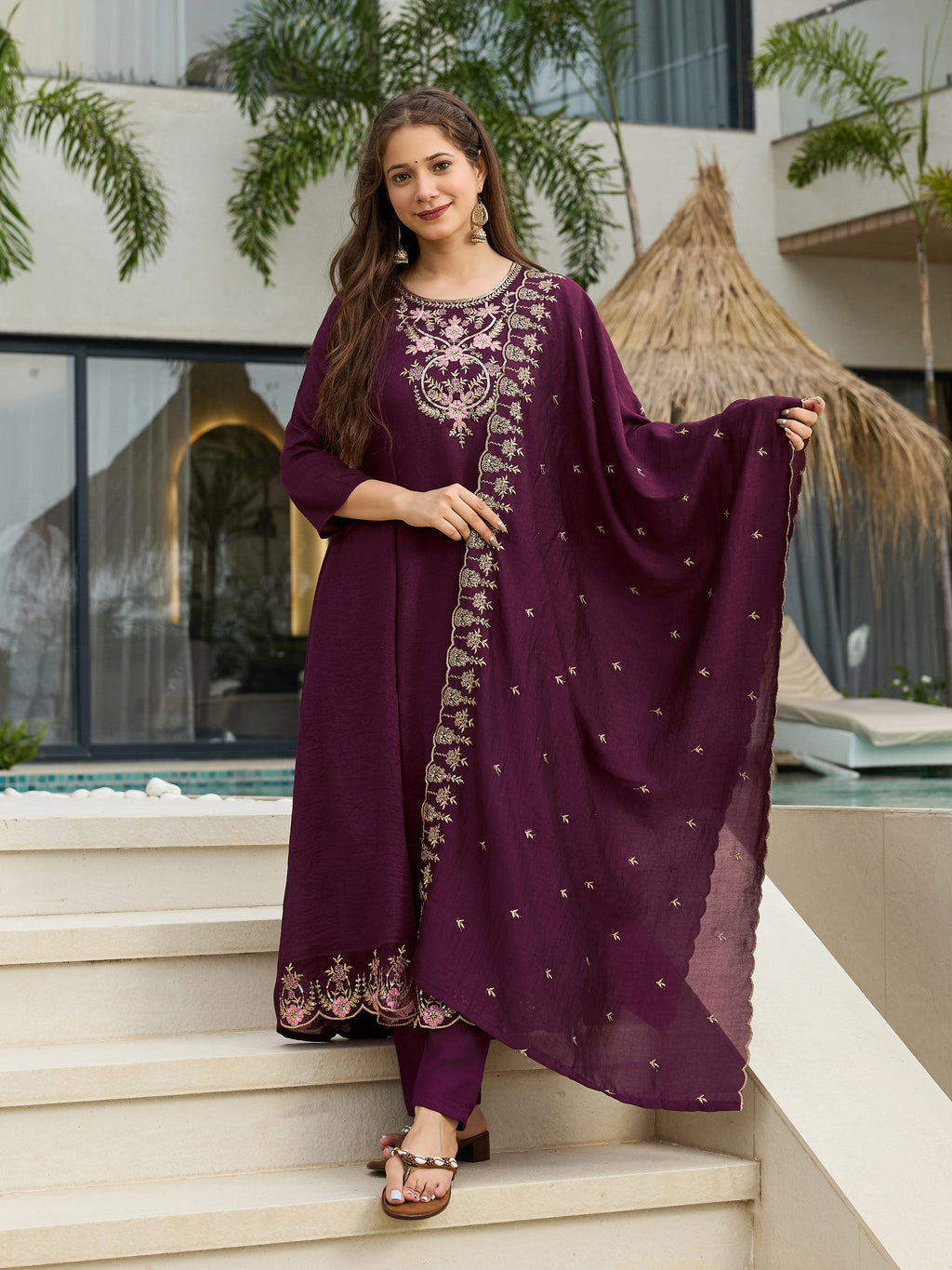 Women's Wine Vichitra Silk Embroidered A-Line Kurta with pant and dupatta sets