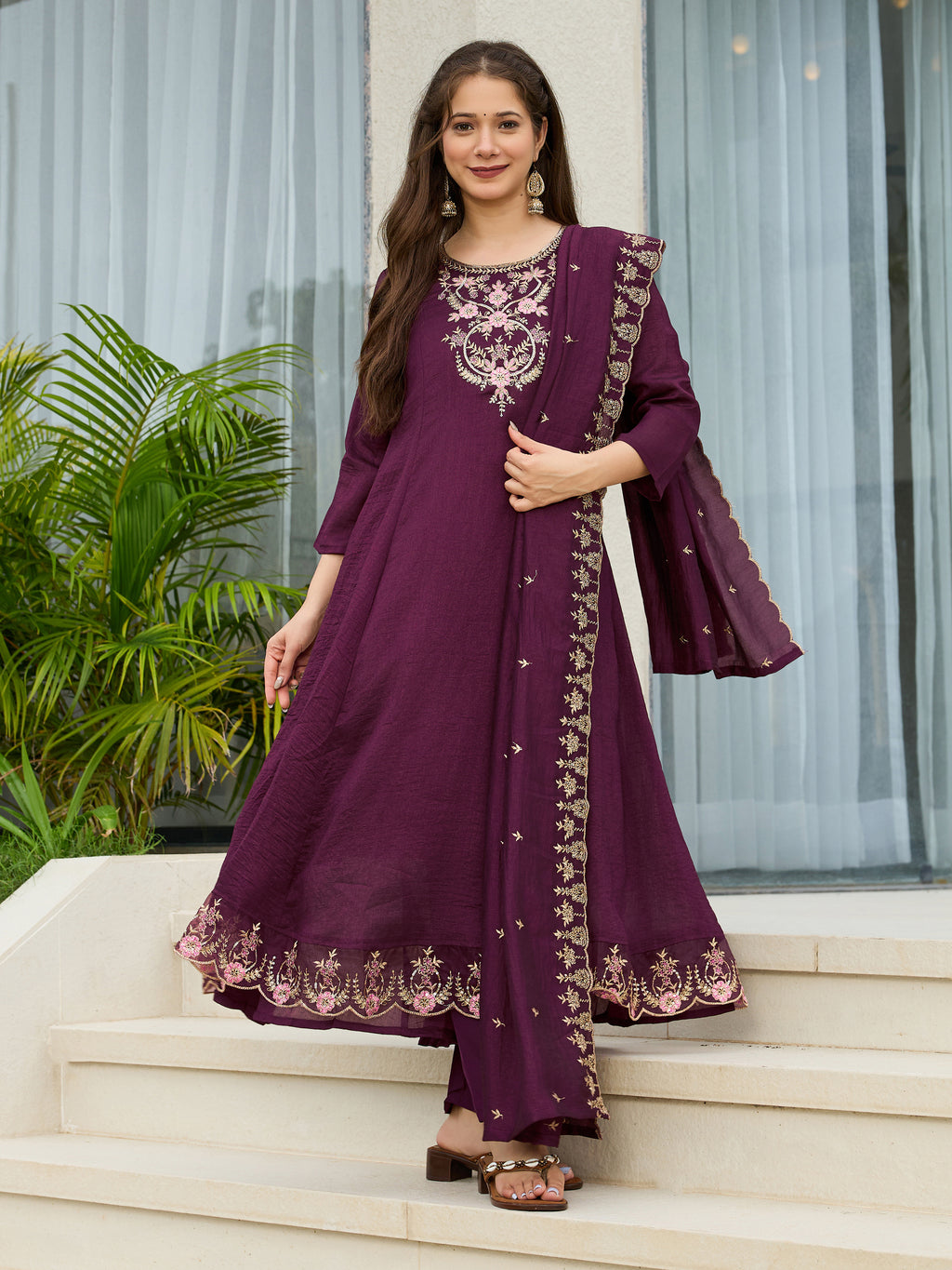 Women's Wine Vichitra Silk Embroidered A-Line Kurta with pant and dupatta sets