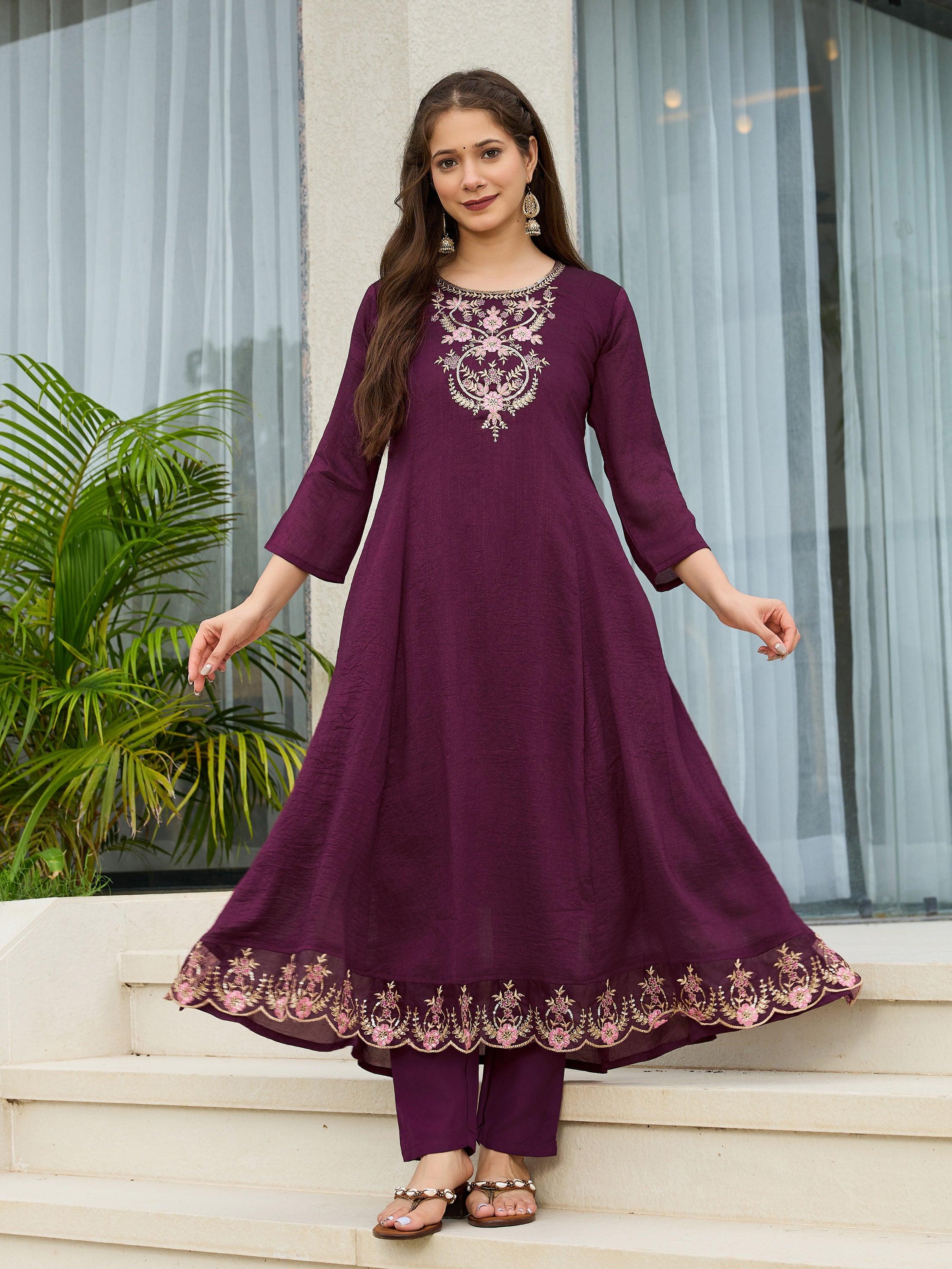 Women's Wine Vichitra Silk Embroidered A-Line Kurta with pant and dupatta sets