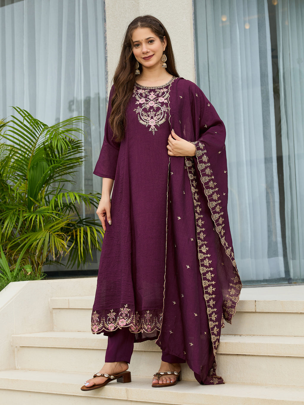 Women's Wine Vichitra Silk Embroidered A-Line Kurta with pant and dupatta sets