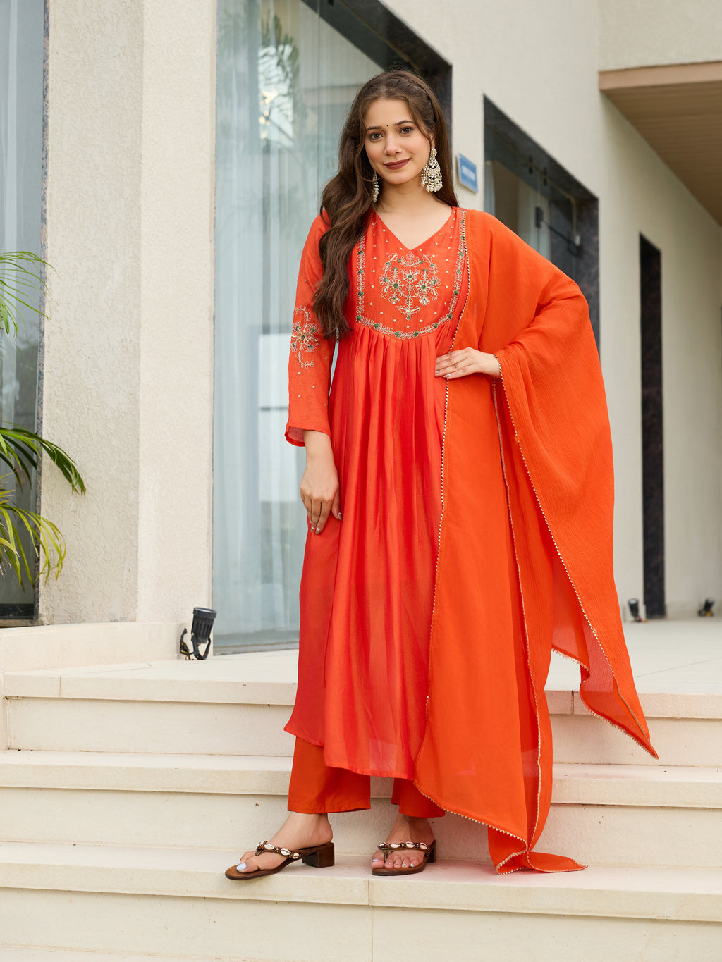 Women's Chiffon Embroidered A-Line Kurti Set with Rayon Pants & Dupatta