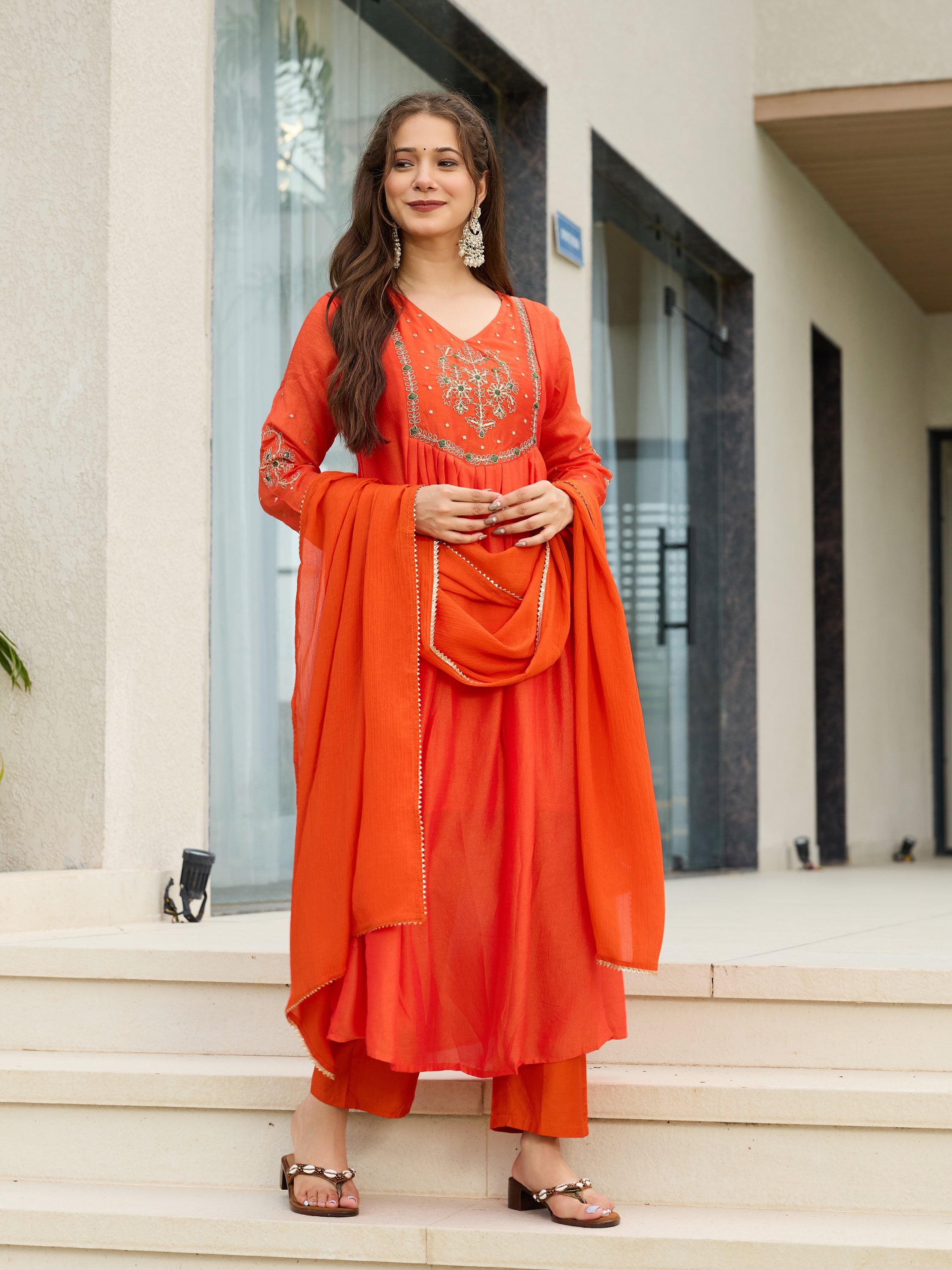 Women's Chiffon Embroidered A-Line Kurti Set with Rayon Pants & Dupatta