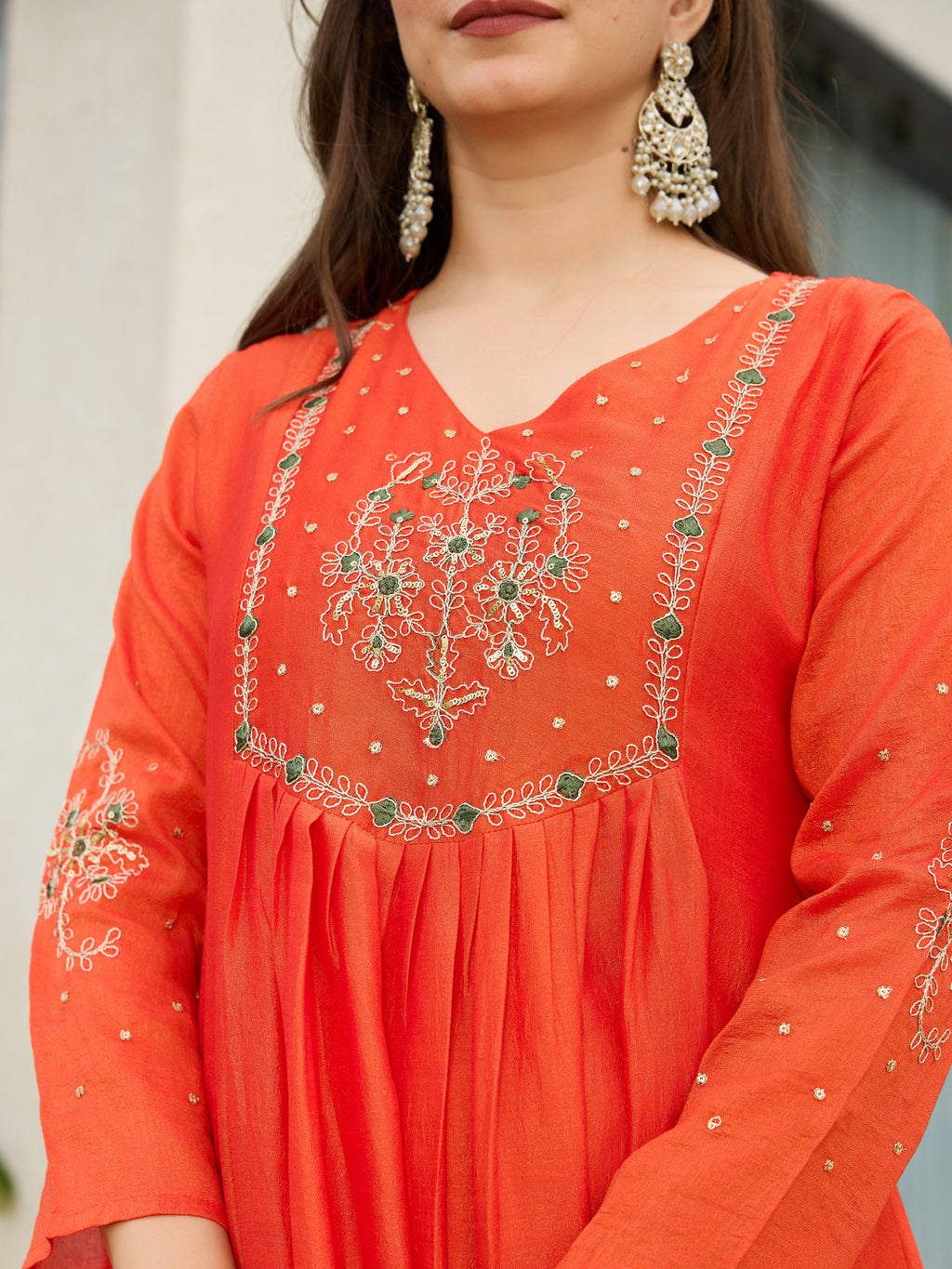 Women's Chiffon Embroidered A-Line Kurti Set with Rayon Pants & Dupatta
