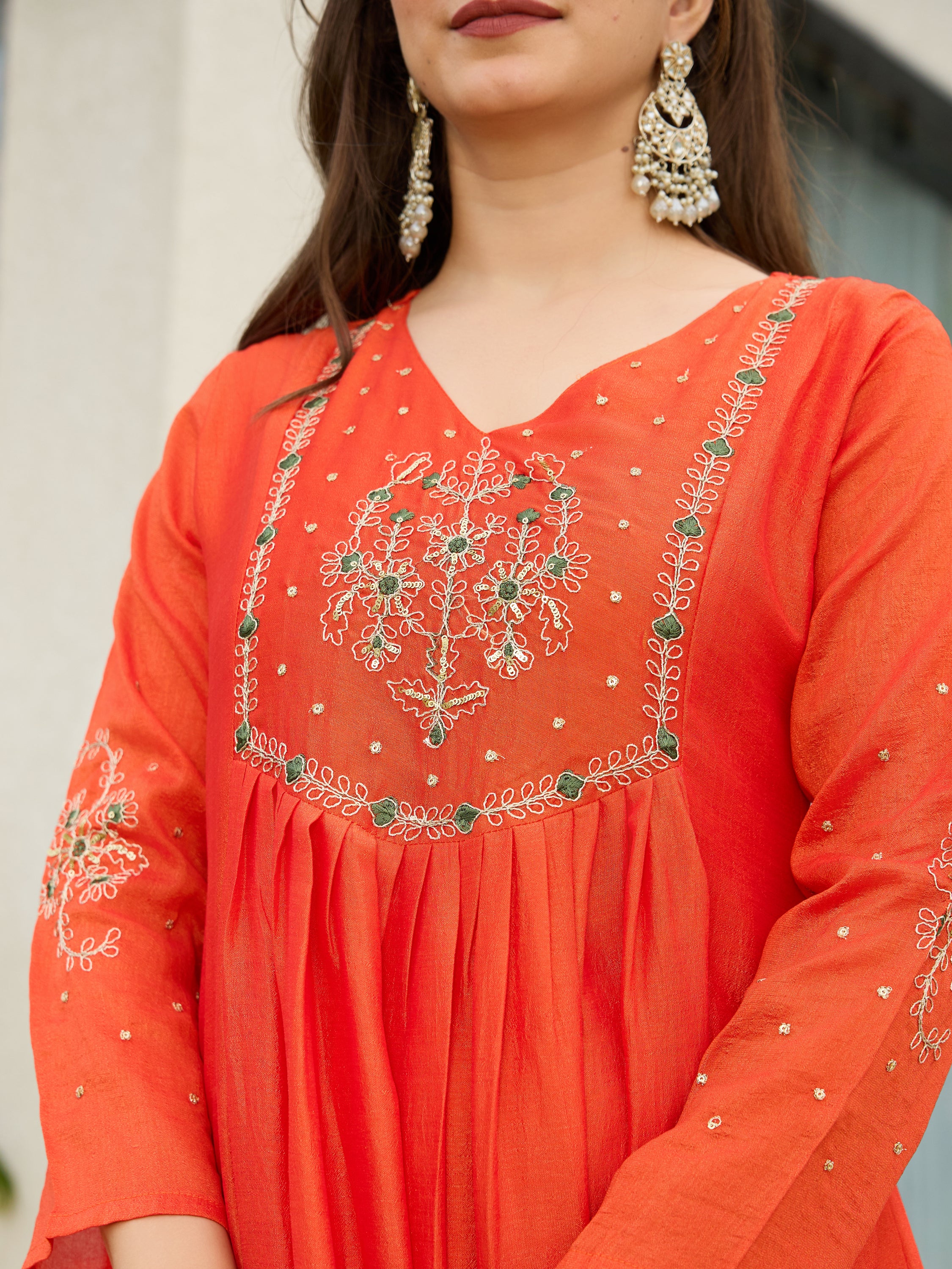 Women's Chiffon Embroidered A-Line Kurti Set with Rayon Pants & Dupatta
