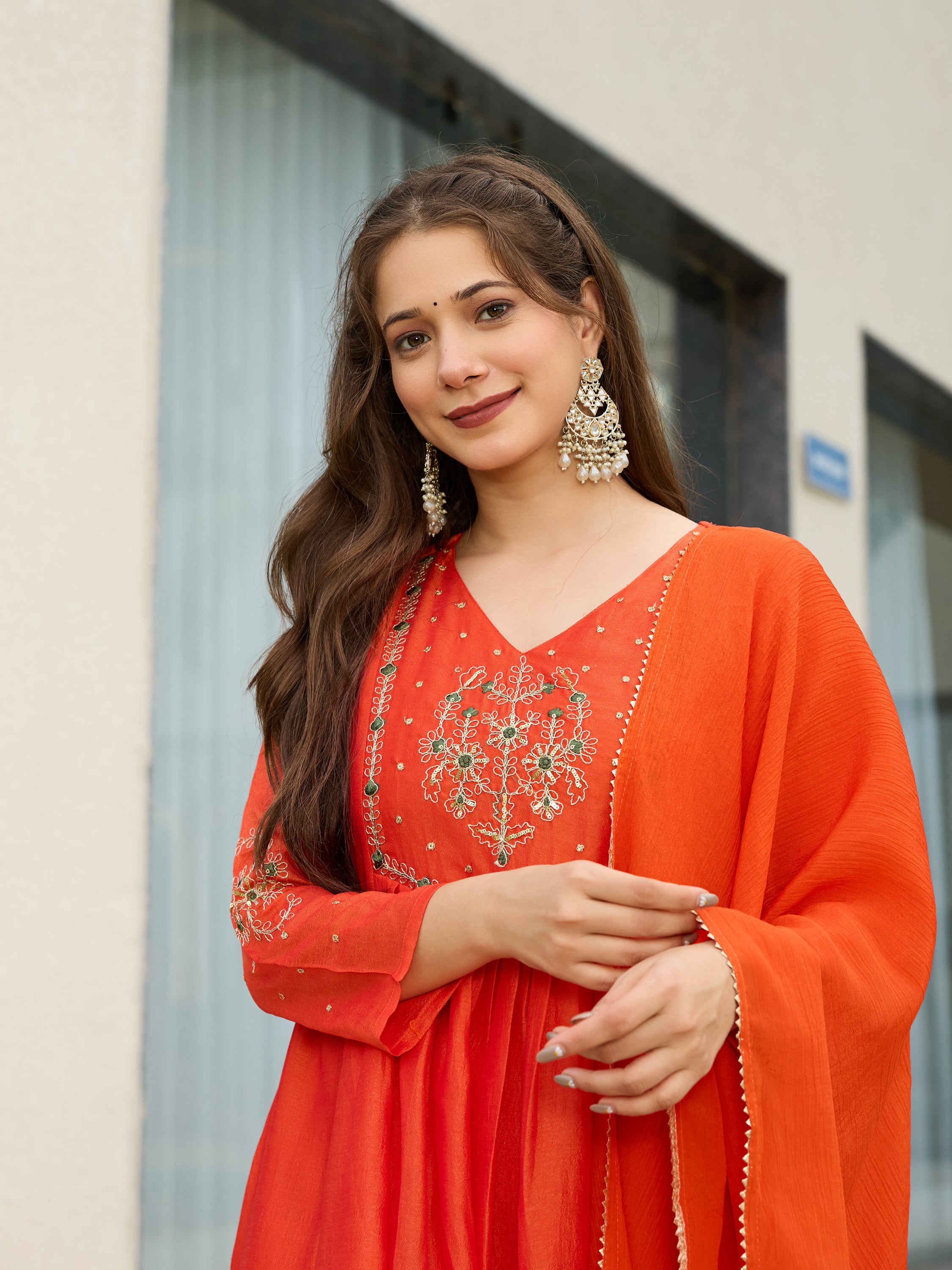 Women's Chiffon Embroidered A-Line Kurti Set with Rayon Pants & Dupatta