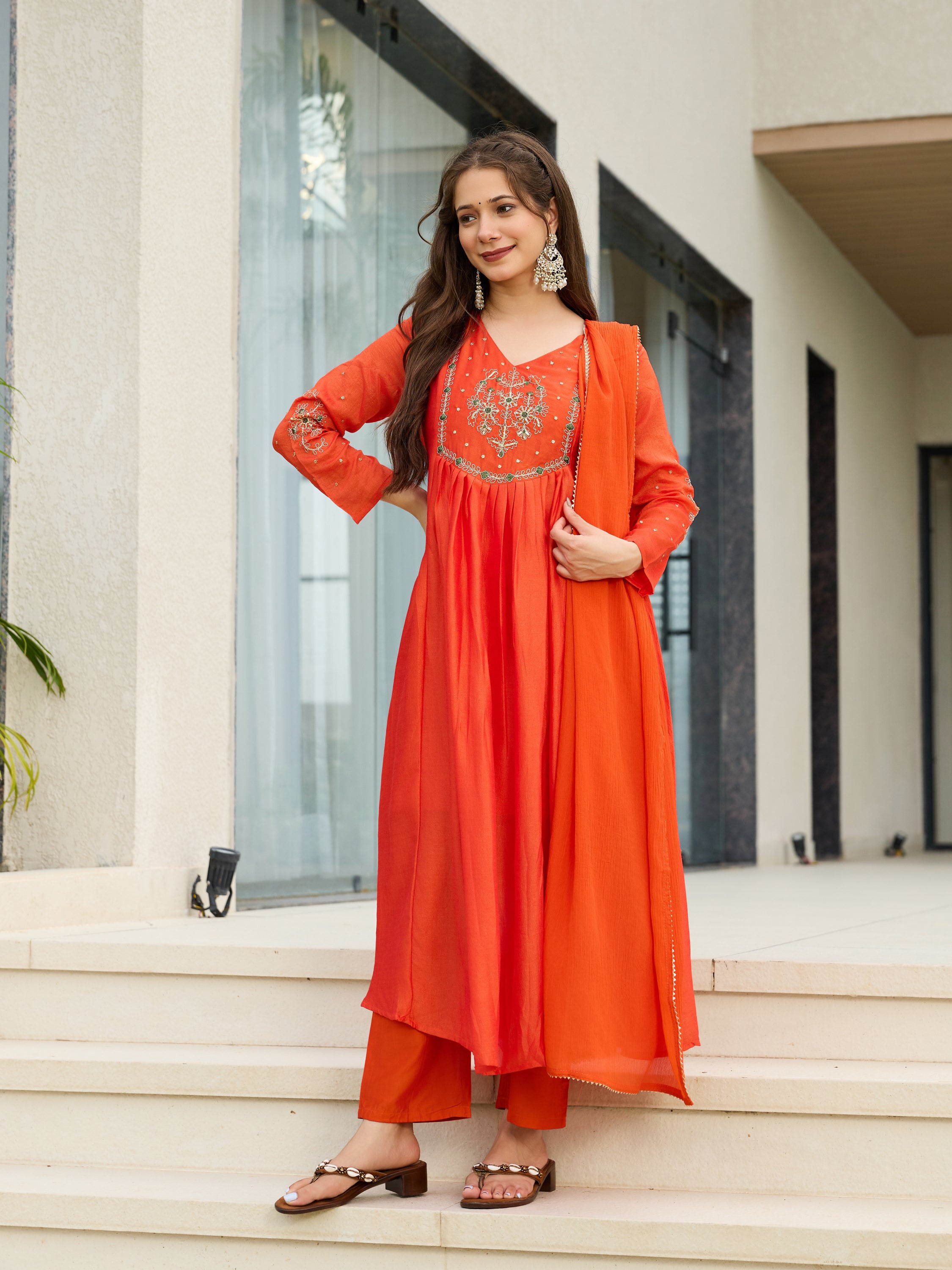 Women's Chiffon Embroidered A-Line Kurti Set with Rayon Pants & Dupatta