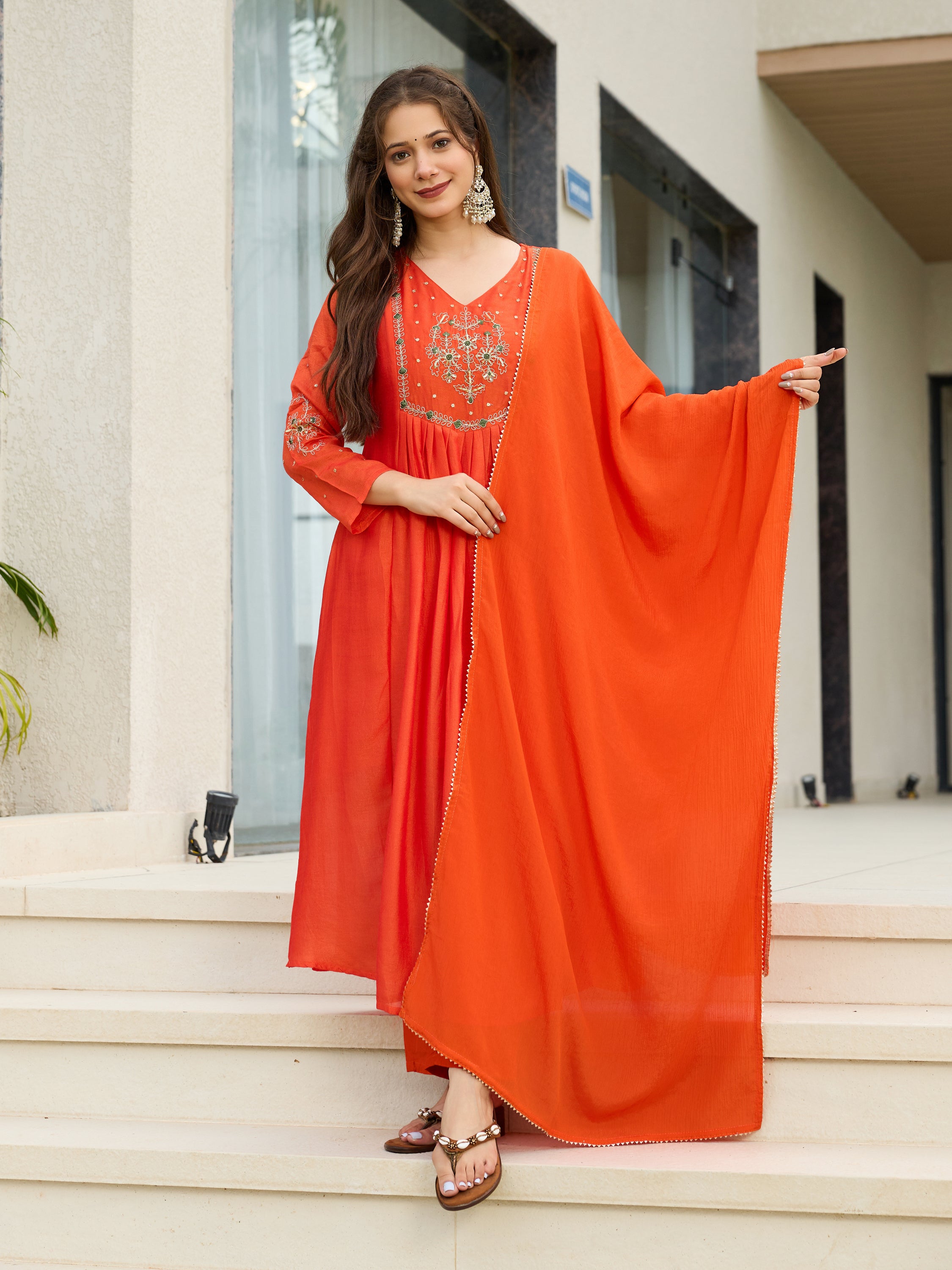 Women's Chiffon Embroidered A-Line Kurti Set with Rayon Pants & Dupatta