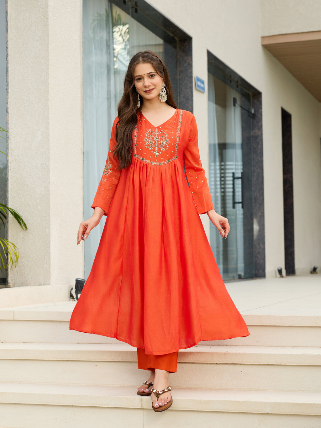 Women's Chiffon Embroidered A-Line Kurti Set with Rayon Pants & Dupatta