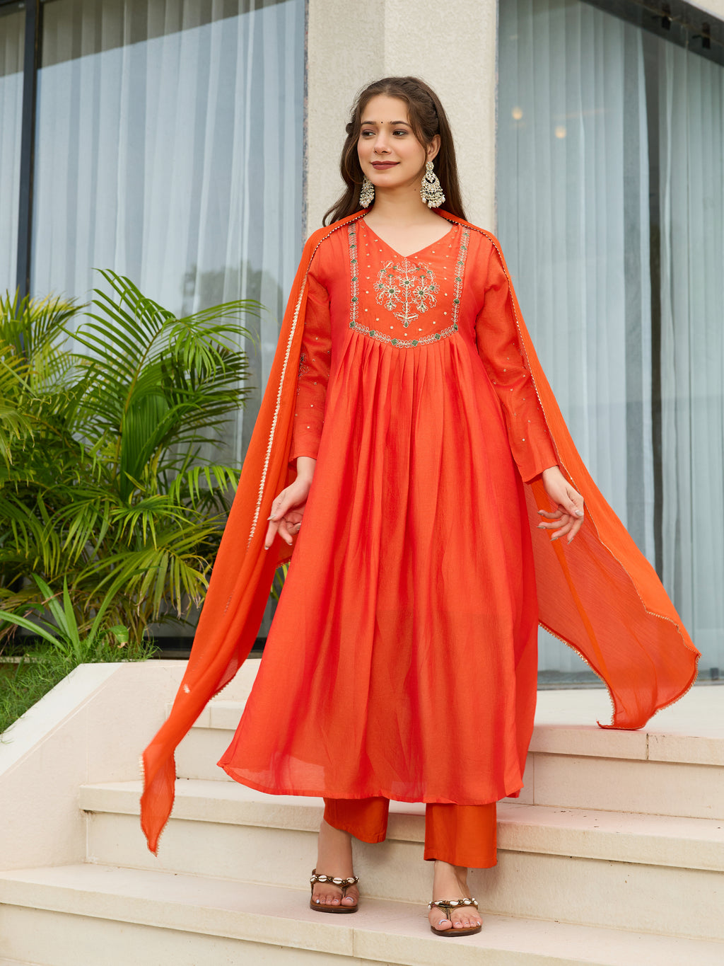 Women's Chiffon Embroidered A-Line Kurti Set with Rayon Pants & Dupatta