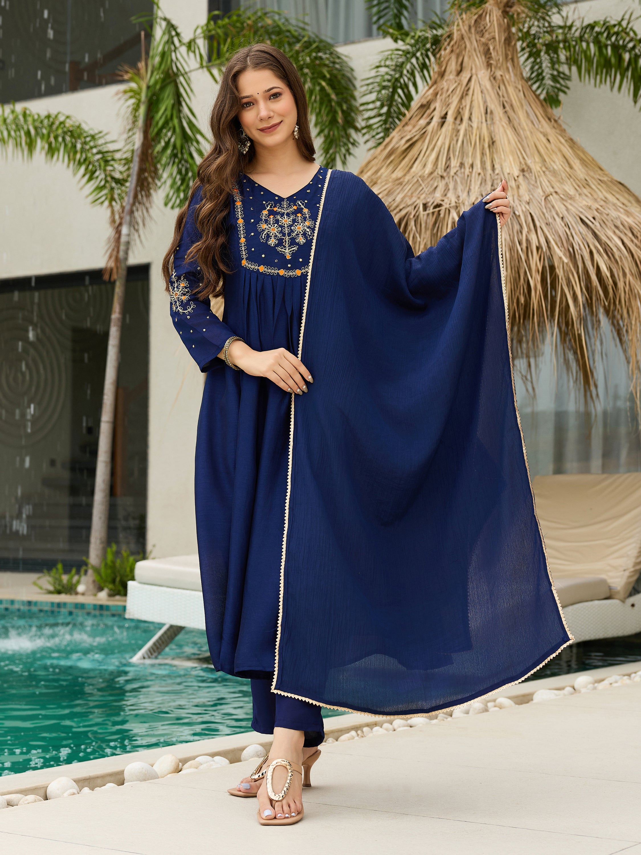Women's Chiffon Embroidered A-Line Kurti Set with Rayon Pants & Dupatta