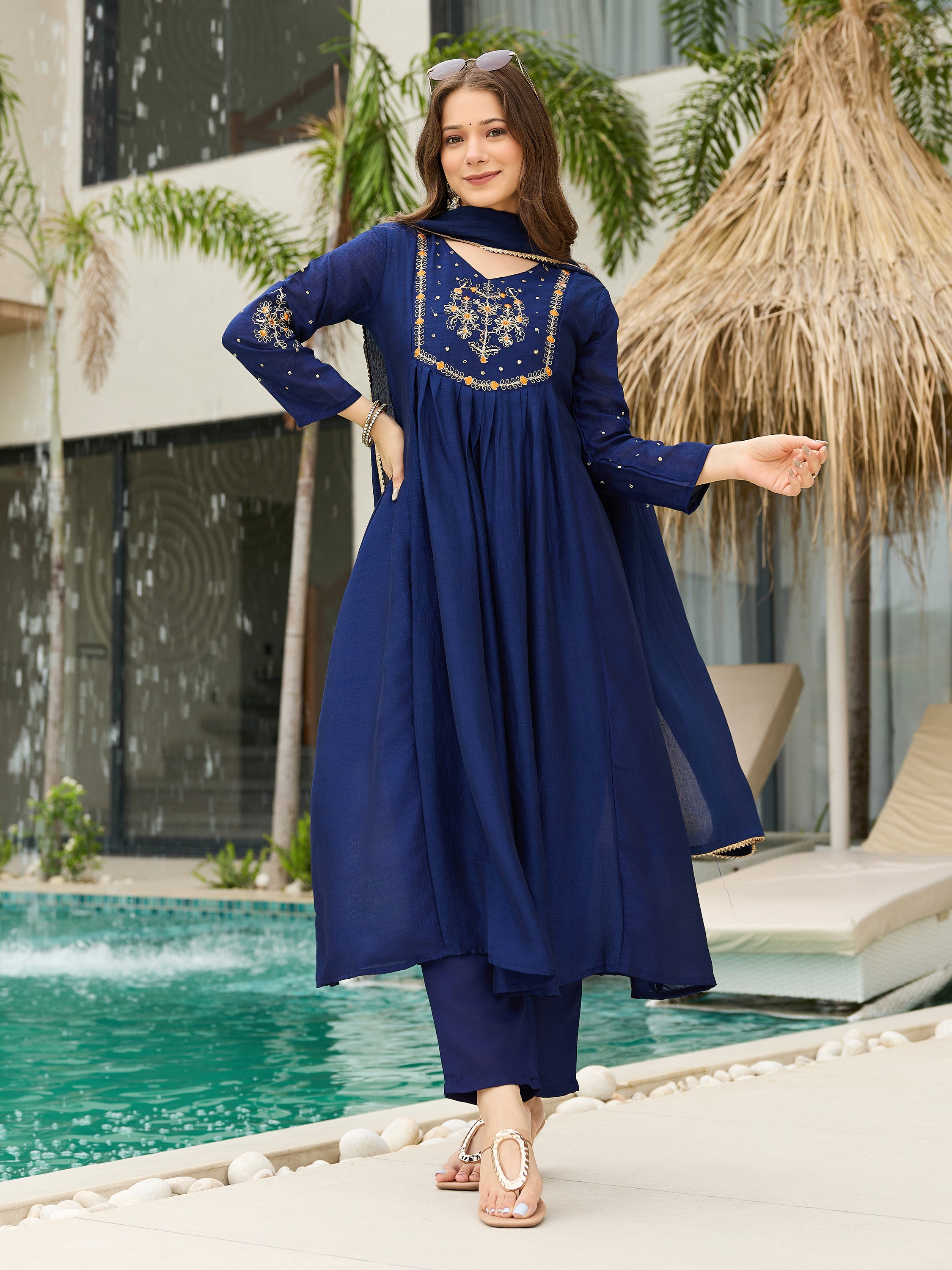 Women's Chiffon Embroidered A-Line Kurti Set with Rayon Pants & Dupatta